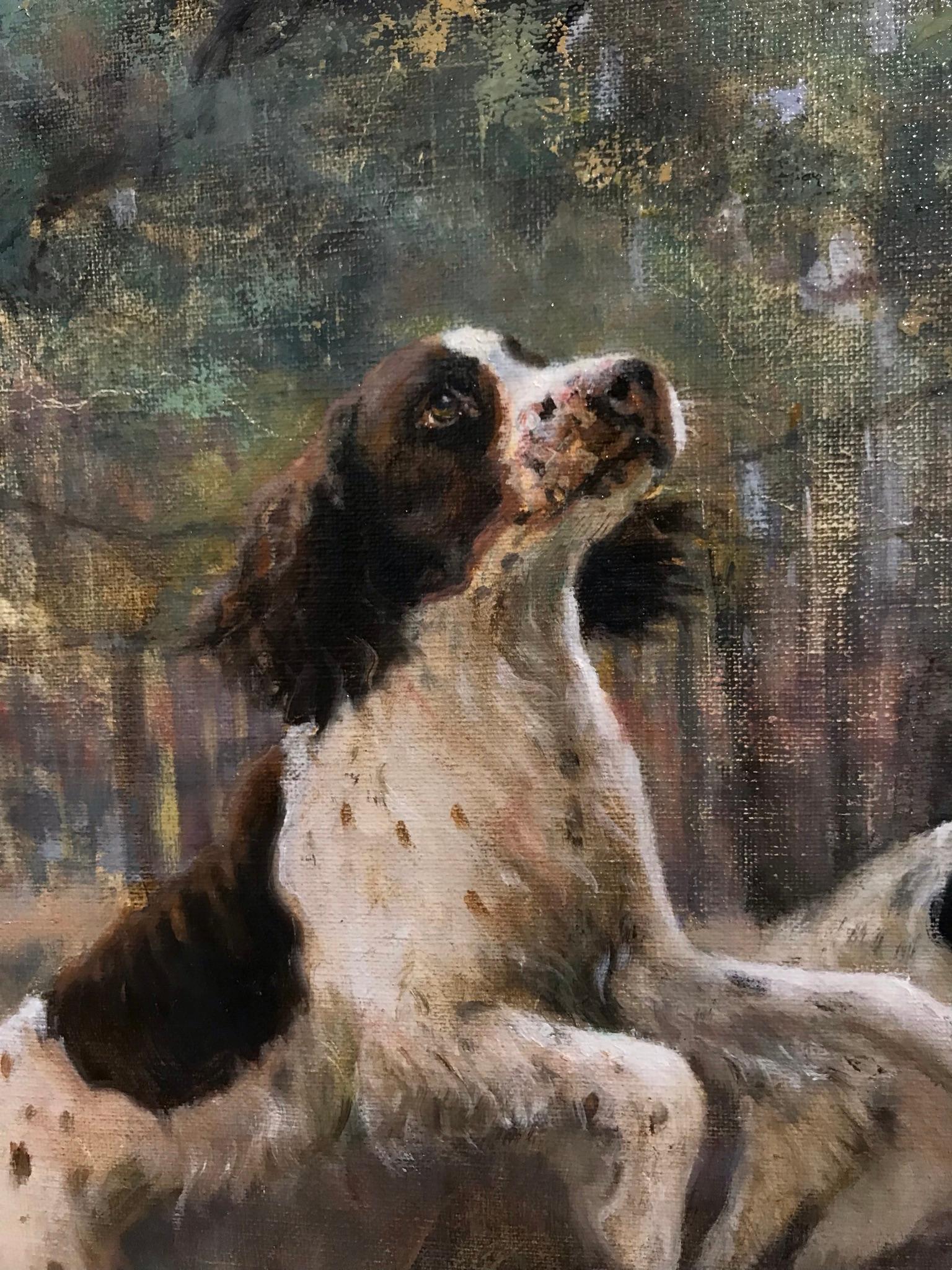 Dynamic sporting outdoor landscape of Springer Spaniels flushing Quail,  framed - Painting by Beth Carlson