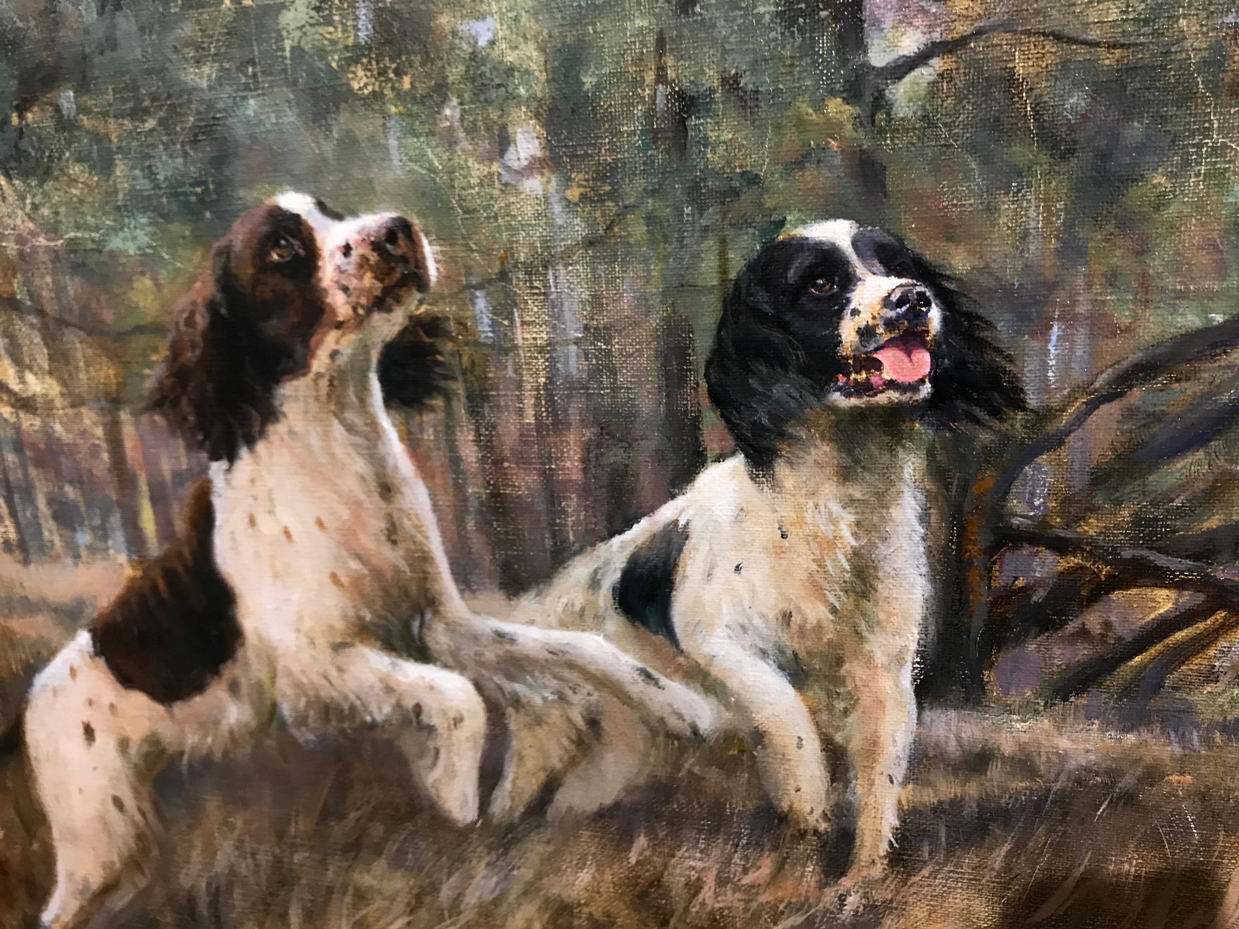 Dynamic sporting outdoor landscape of Springer Spaniels flushing Quail,  framed - Realist Painting by Beth Carlson