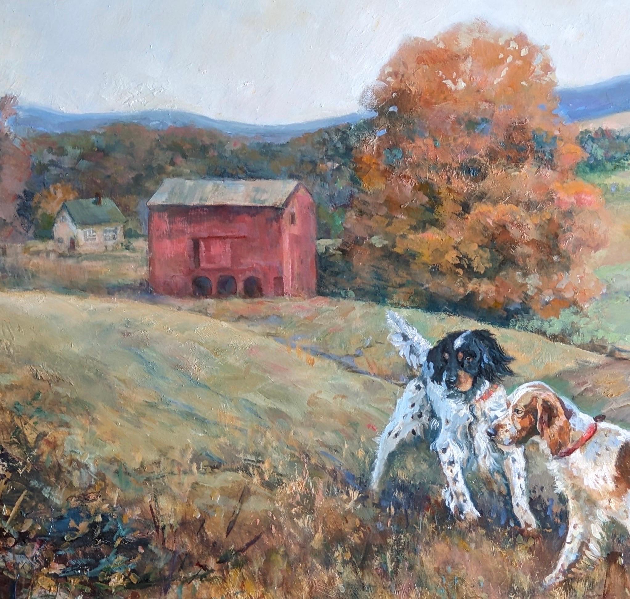 Paesaggio sportivo dinamico all'aperto con setter espressivi in posizione,  incorniciato - Painting di Beth Carlson
