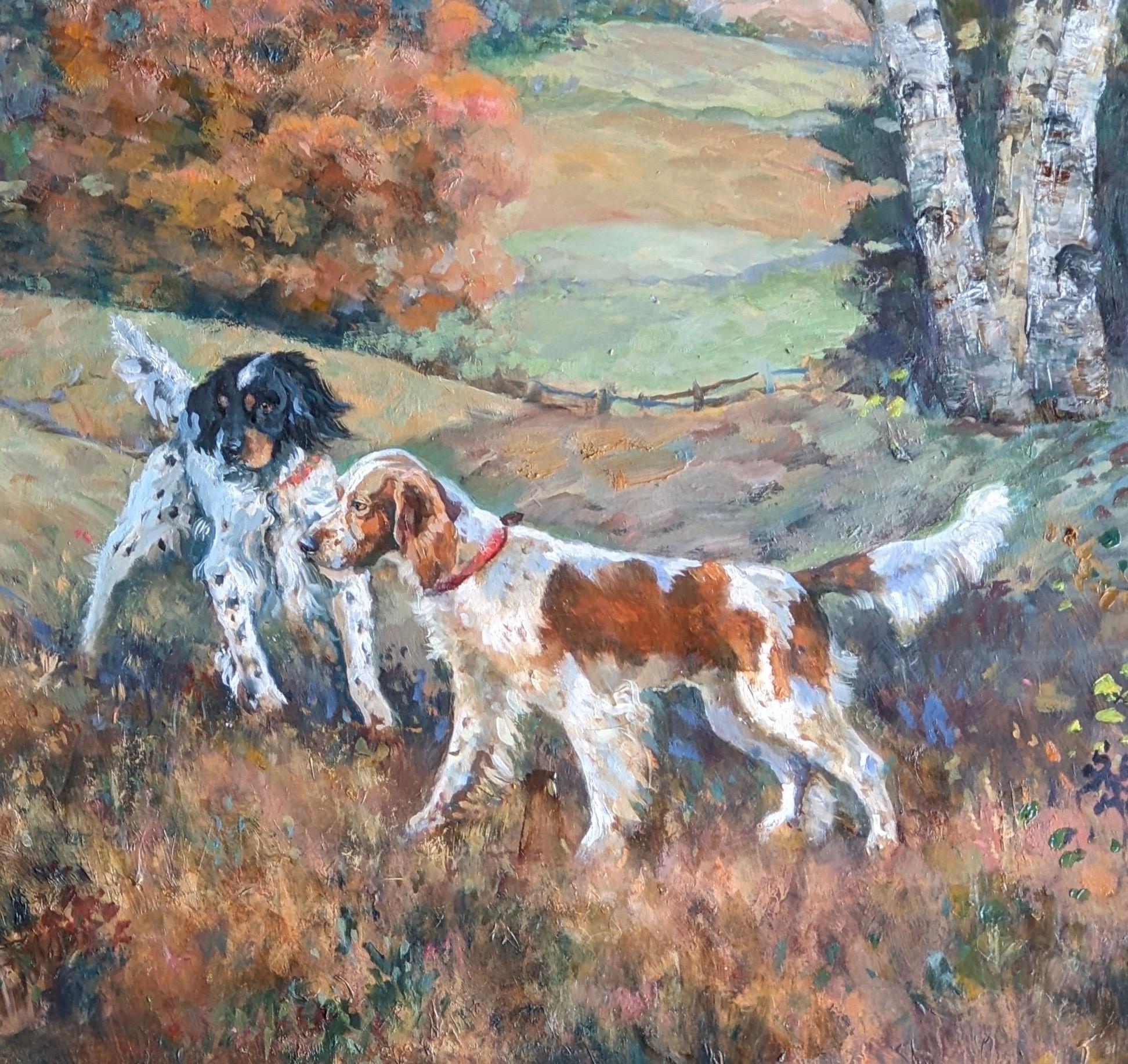Paesaggio sportivo dinamico all'aperto con setter espressivi in posizione,  incorniciato - Painting Realismo di Beth Carlson