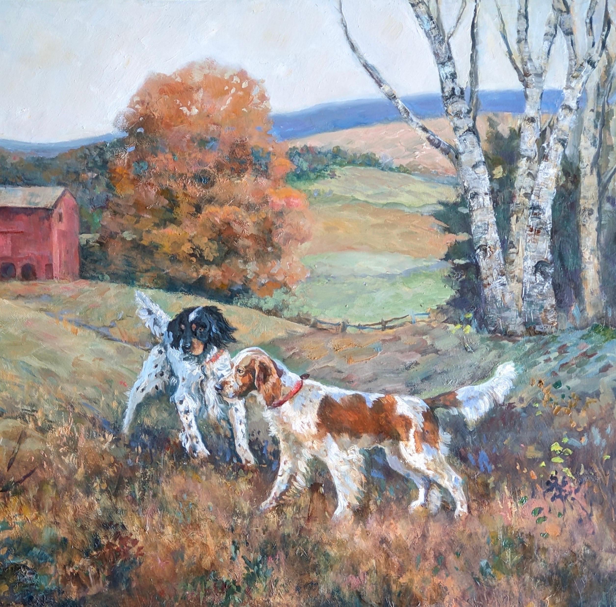 Paesaggio sportivo dinamico all'aperto con setter espressivi in posizione,  incorniciato - Landscape Painting Grigio di Beth Carlson