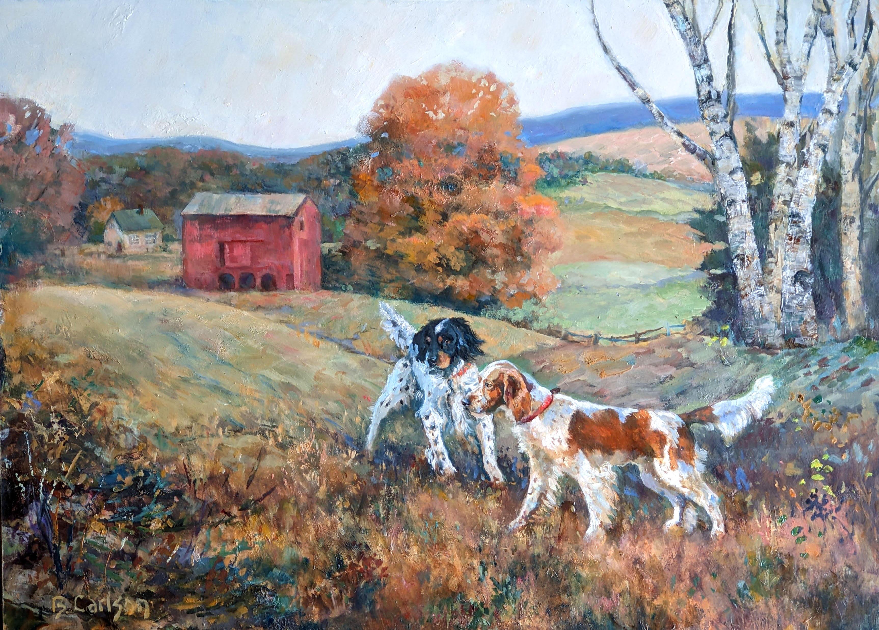 Landscape Painting di Beth Carlson - Paesaggio sportivo dinamico all'aperto con setter espressivi in posizione,  incorniciato