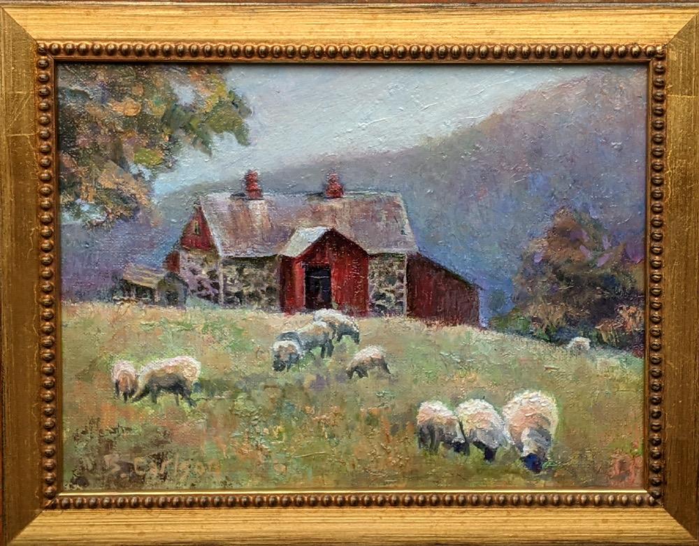 Farmland in Pennsylvania Where Sheep Graze Outside of Their Fieldstone Barn  - Painting by Beth Carlson
