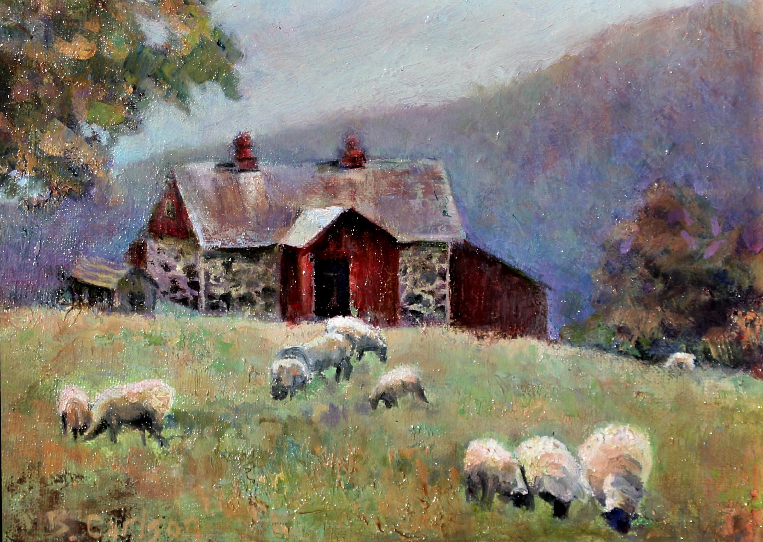 Beth Carlson Animal Painting - Farmland in Pennsylvania Where Sheep Graze Outside of Their Fieldstone Barn 