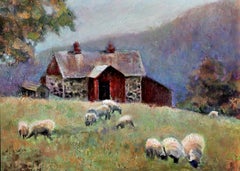 Une ferme en Pennsylvanie où les moutons paissent à l'extérieur de leur grange en pierre des champs 
