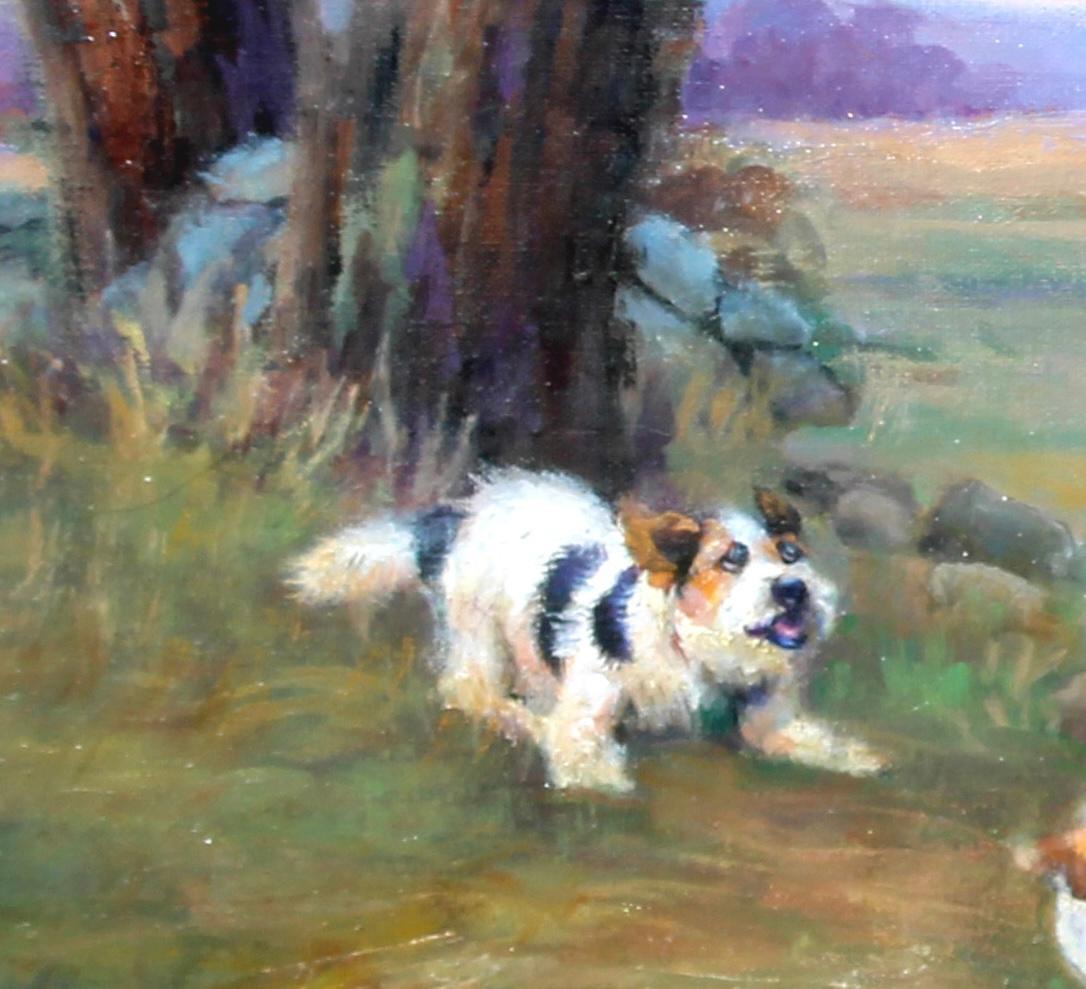 Foolish Jack Russell Terriers hunting for a Chipmunk in a Beautiful Landscape - Painting by Beth Carlson