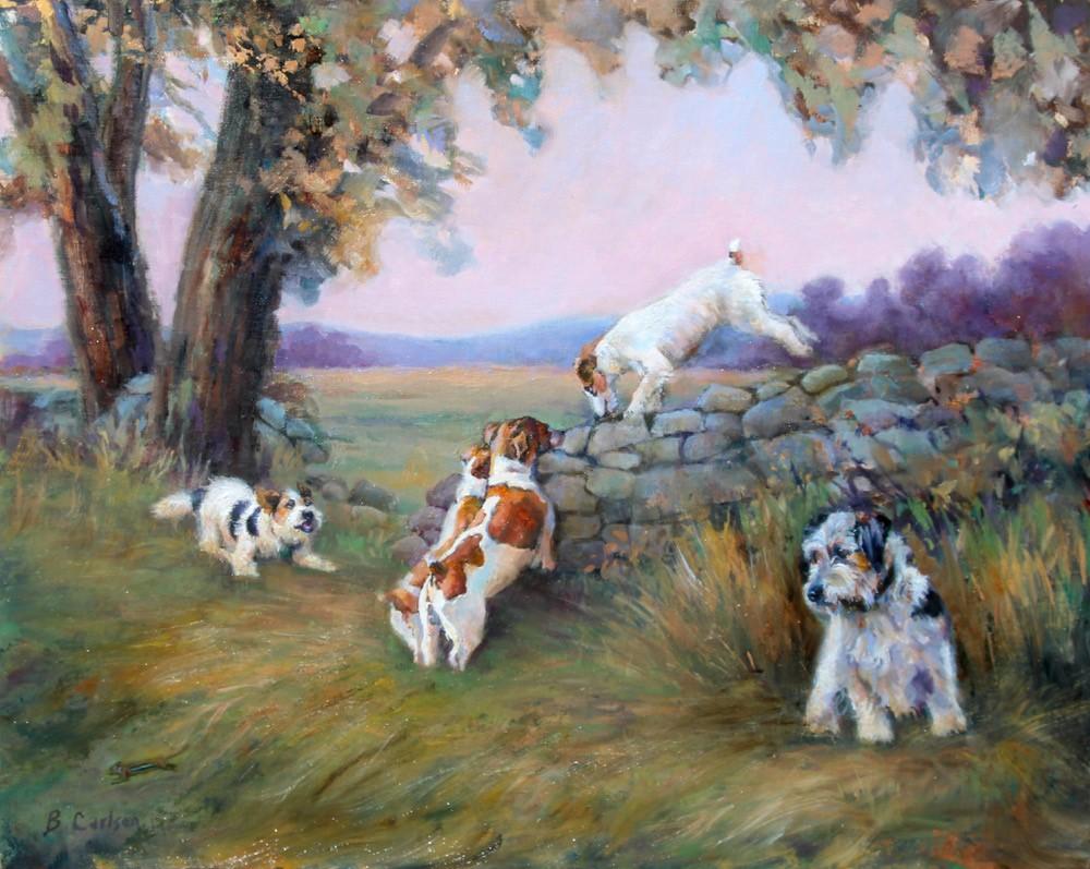 Beth Carlson Animal Painting - Foolish Jack Russell Terriers hunting for a Chipmunk in a Beautiful Landscape