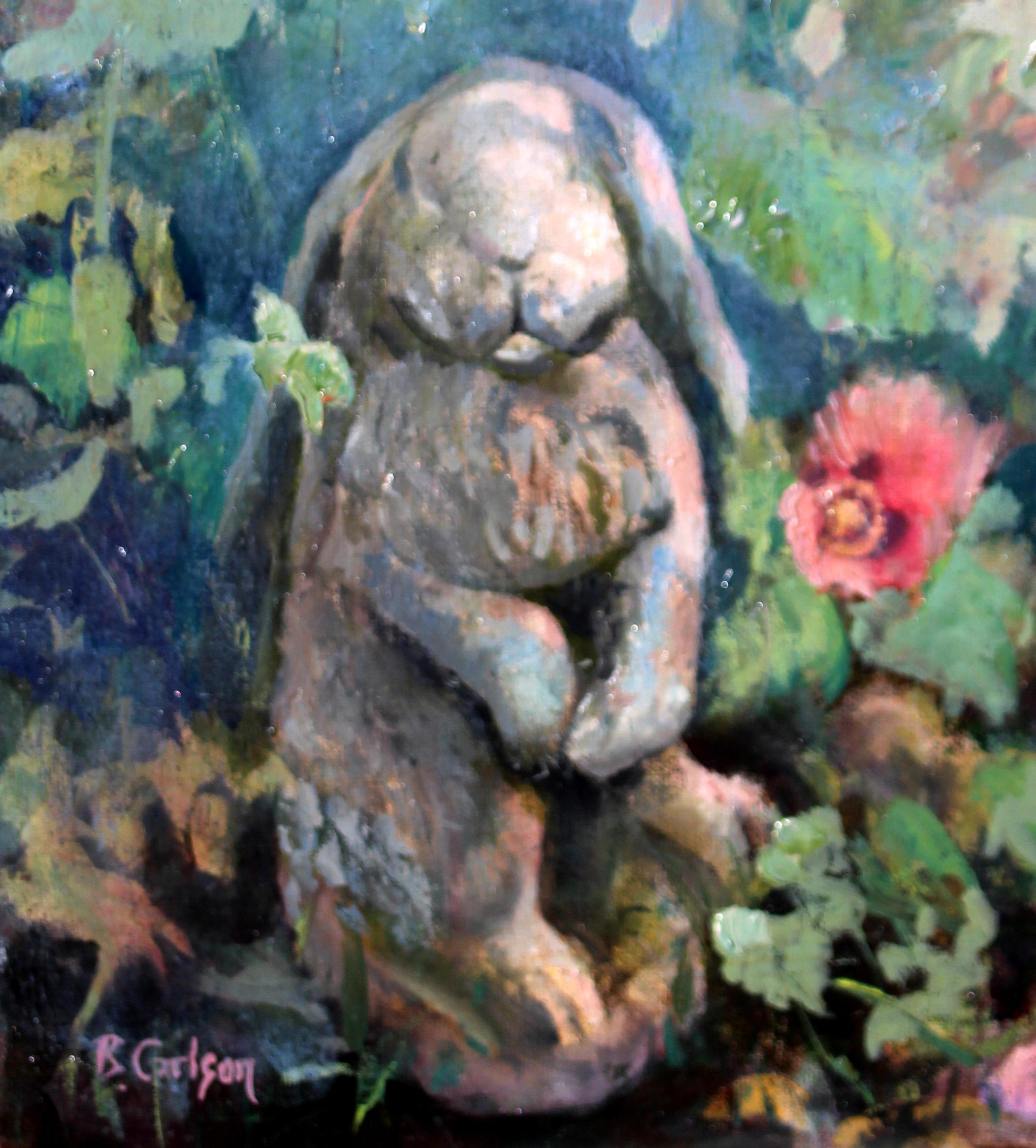 Whimsical Charming Painting of A Garden with a Bunny Statue Amid Summer Poppies For Sale 1