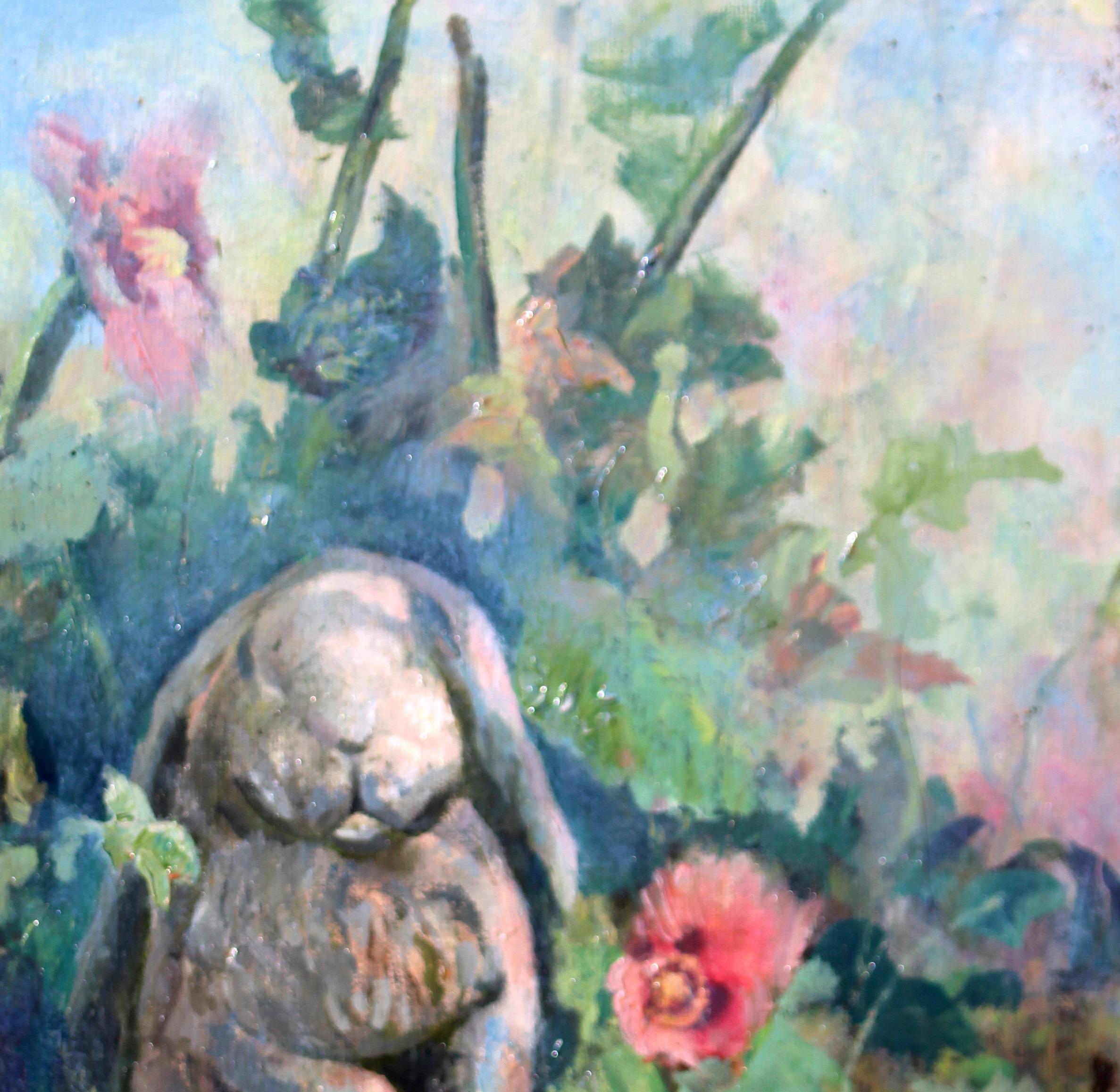 Whimsical Charming Painting of A Garden with a Bunny Statue Amid Summer Poppies For Sale 2