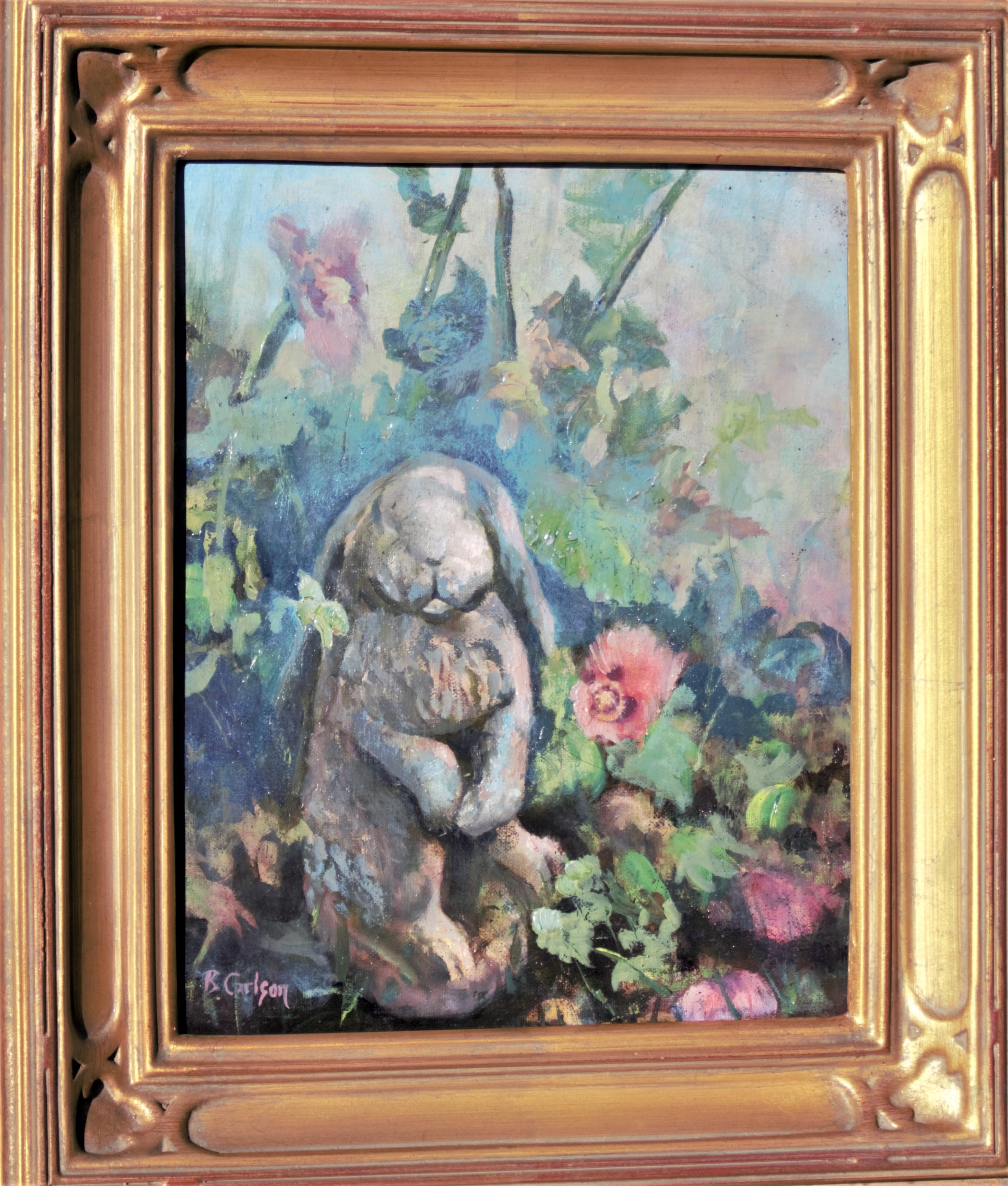 Whimsical Charming Painting of A Garden with a Bunny Statue Amid Summer Poppies For Sale 3