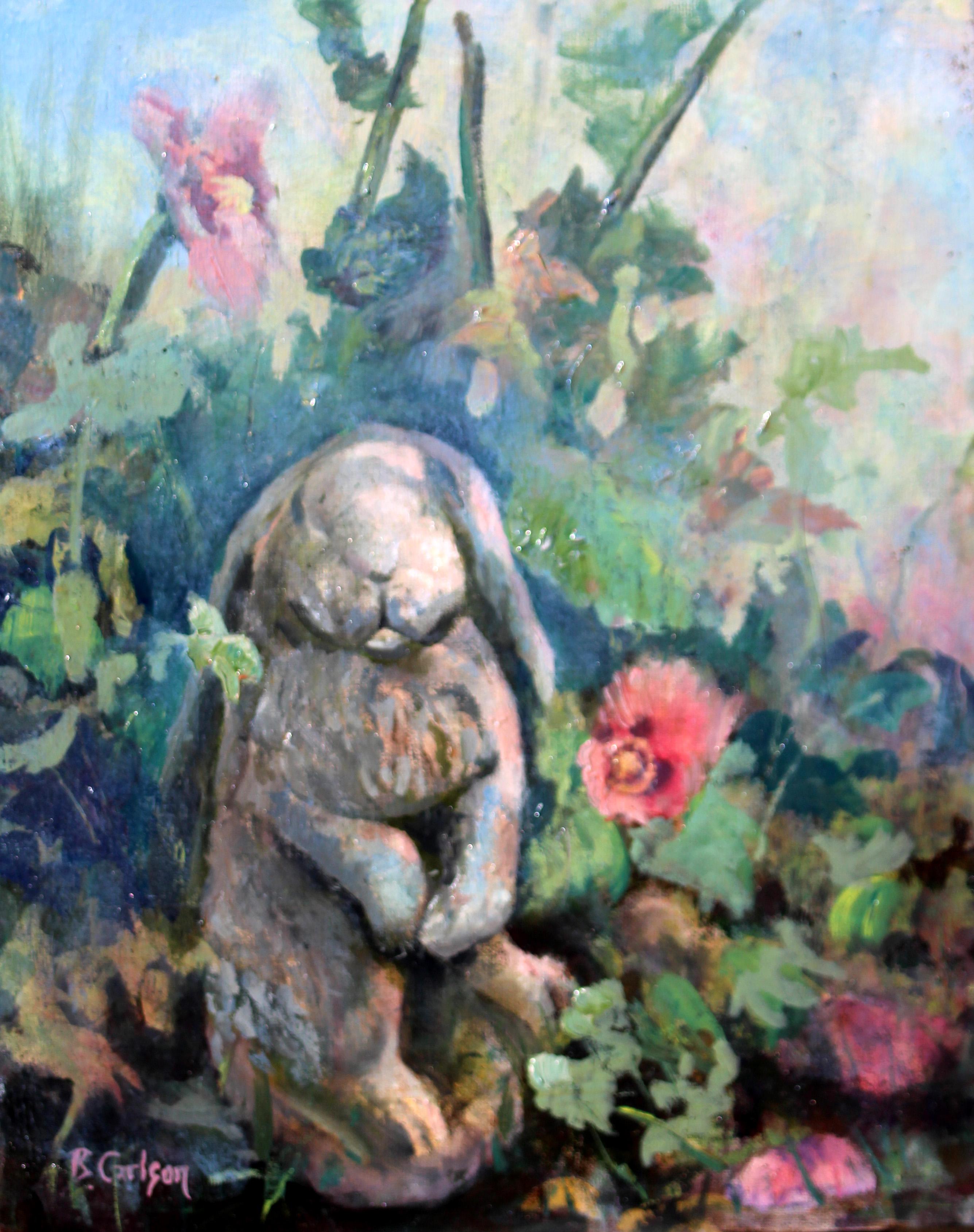 Beth Carlson Landscape Painting - Whimsical Charming Painting of A Garden with a Bunny Statue Amid Summer Poppies