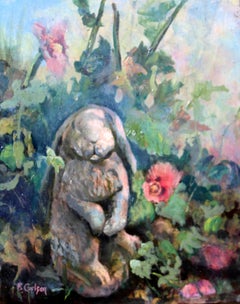 Charmante peinture fantaisiste d'un jardin avec une statue de lapin au milieu de coqs d'été
