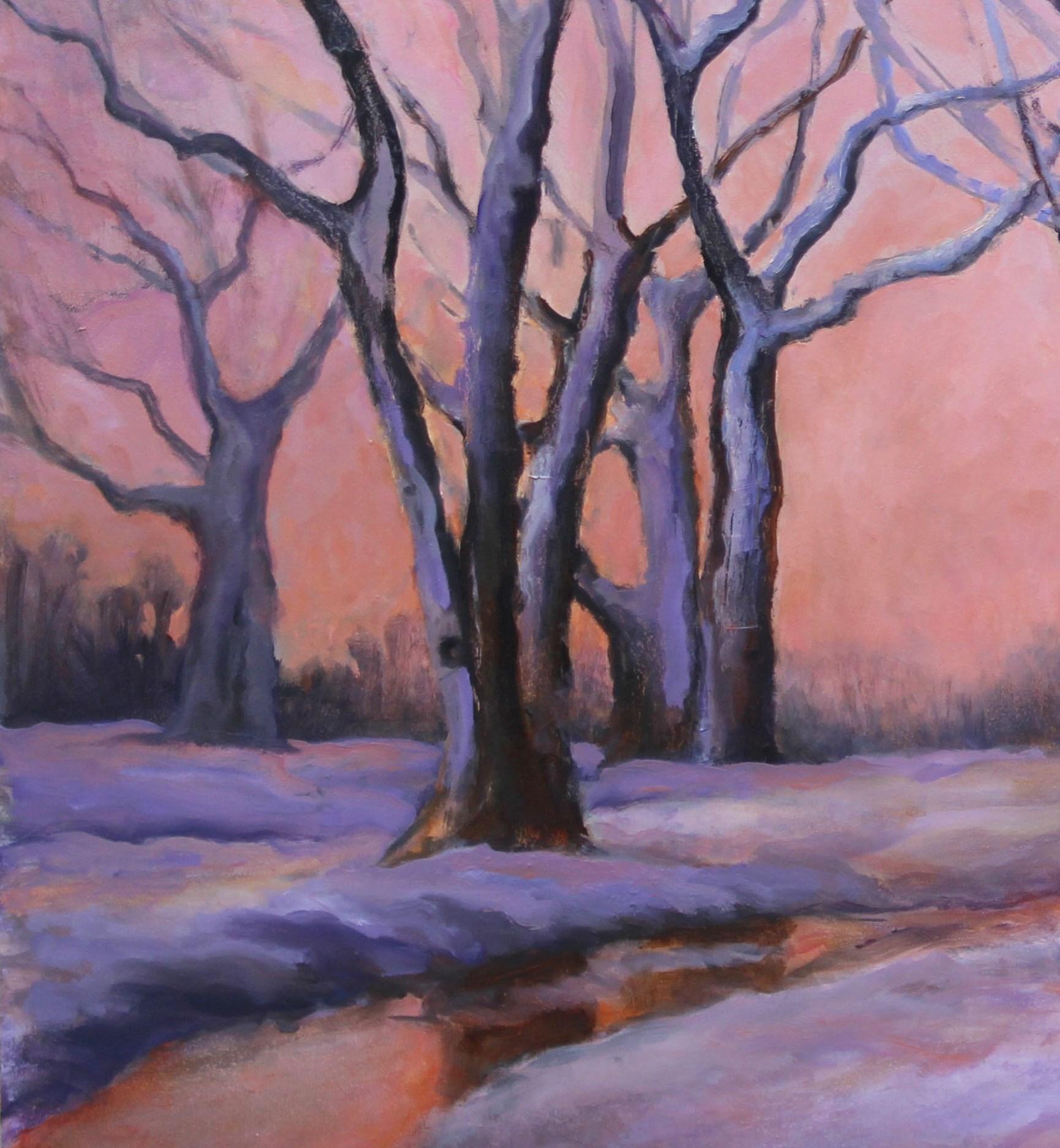 Large Dramatic Colorful Evening Sunset in Chilly Snowy Landscape with Fox  - Painting by Beth Carlson