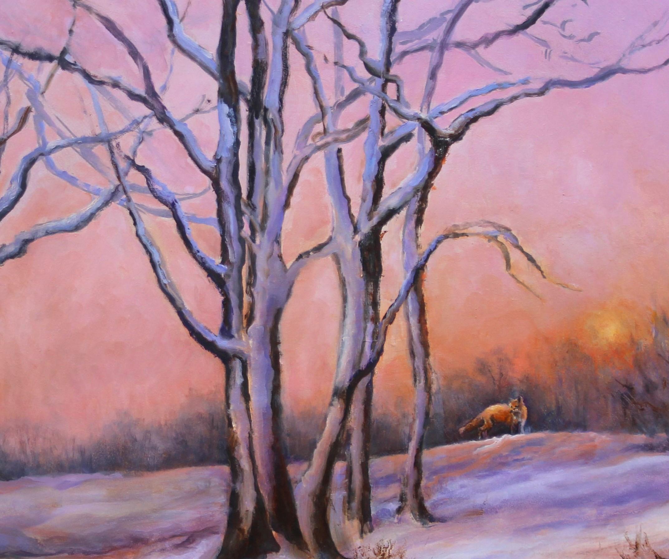 Large Dramatic Colorful Evening Sunset in Chilly Snowy Landscape with Fox  - Romantic Painting by Beth Carlson