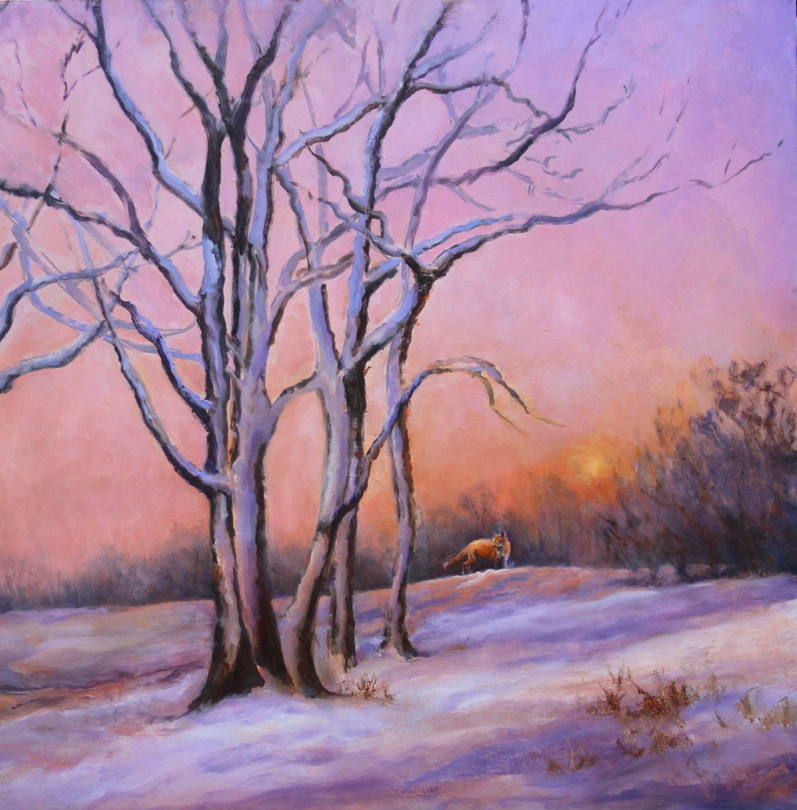 In Beth Carlson's large and mesmerizing romantic winter landscape and fox painting, 