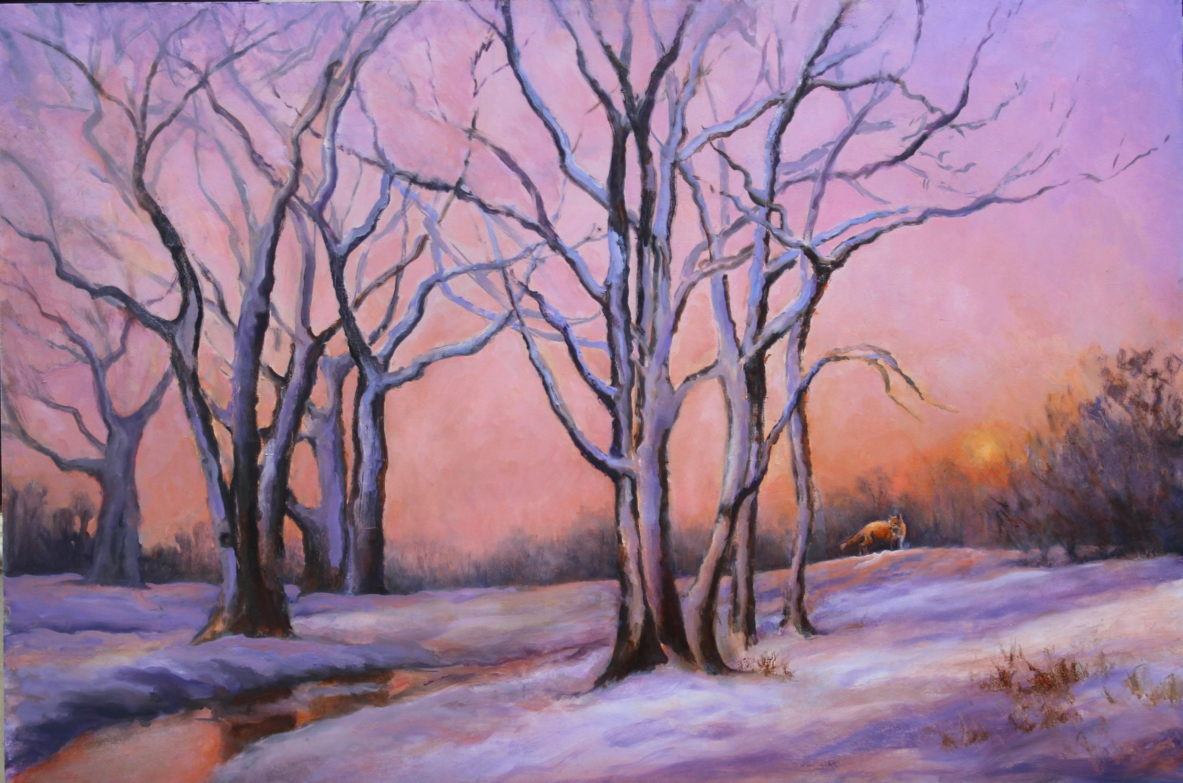 Beth Carlson Landscape Painting - Large Dramatic Colorful Evening Sunset in Chilly Snowy Landscape with Fox 