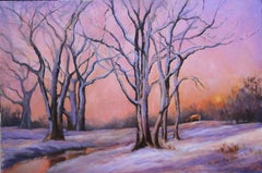 Großer dramatischer, farbenfroher Abend-Sonnenuntergang in kalter Schneelandschaft mit Fuchs 
