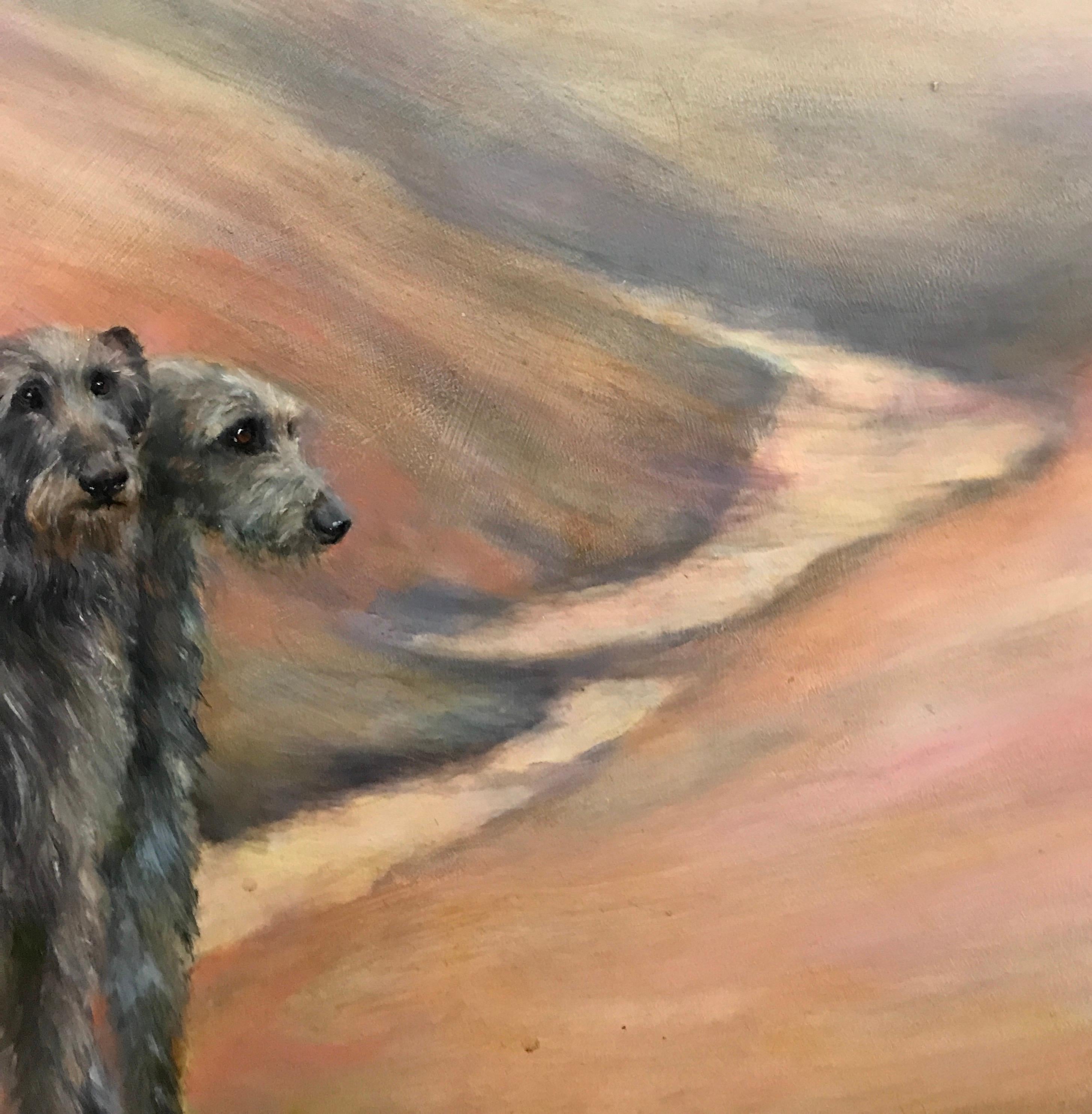 Oil of Scottish Deerhound dogs on pink, purple heather filled moors in Scotland - Painting by Beth Carlson