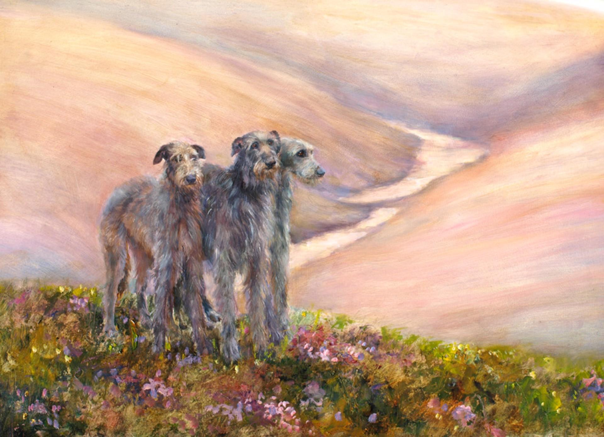 Oil of Scottish Deerhound dogs on pink, purple heather filled moors in Scotland