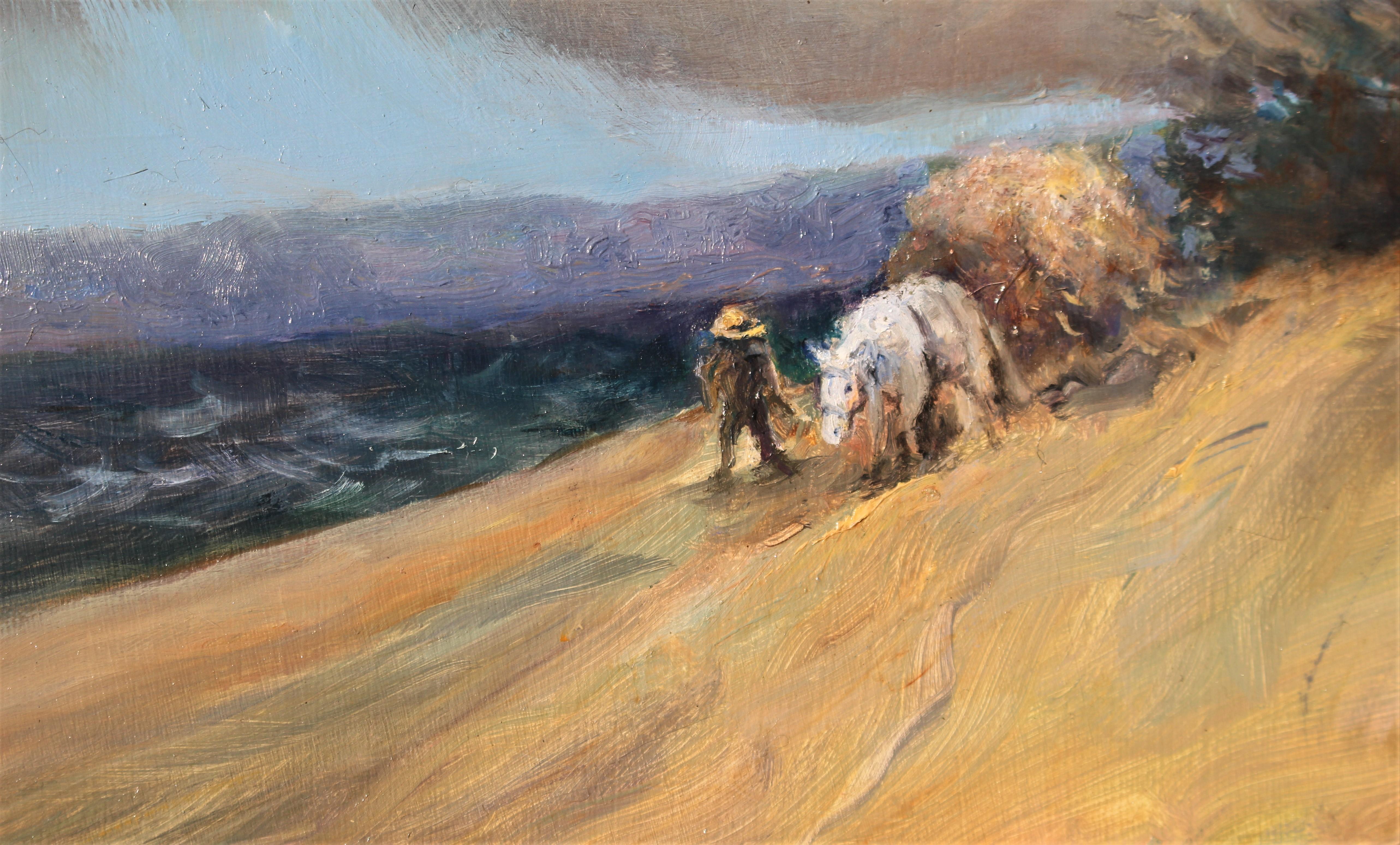  Dramatische Landschaft mit bedrohlichen Wolken bedroht einen müden Bauern aus dem 19. – Painting von Beth Carlson
