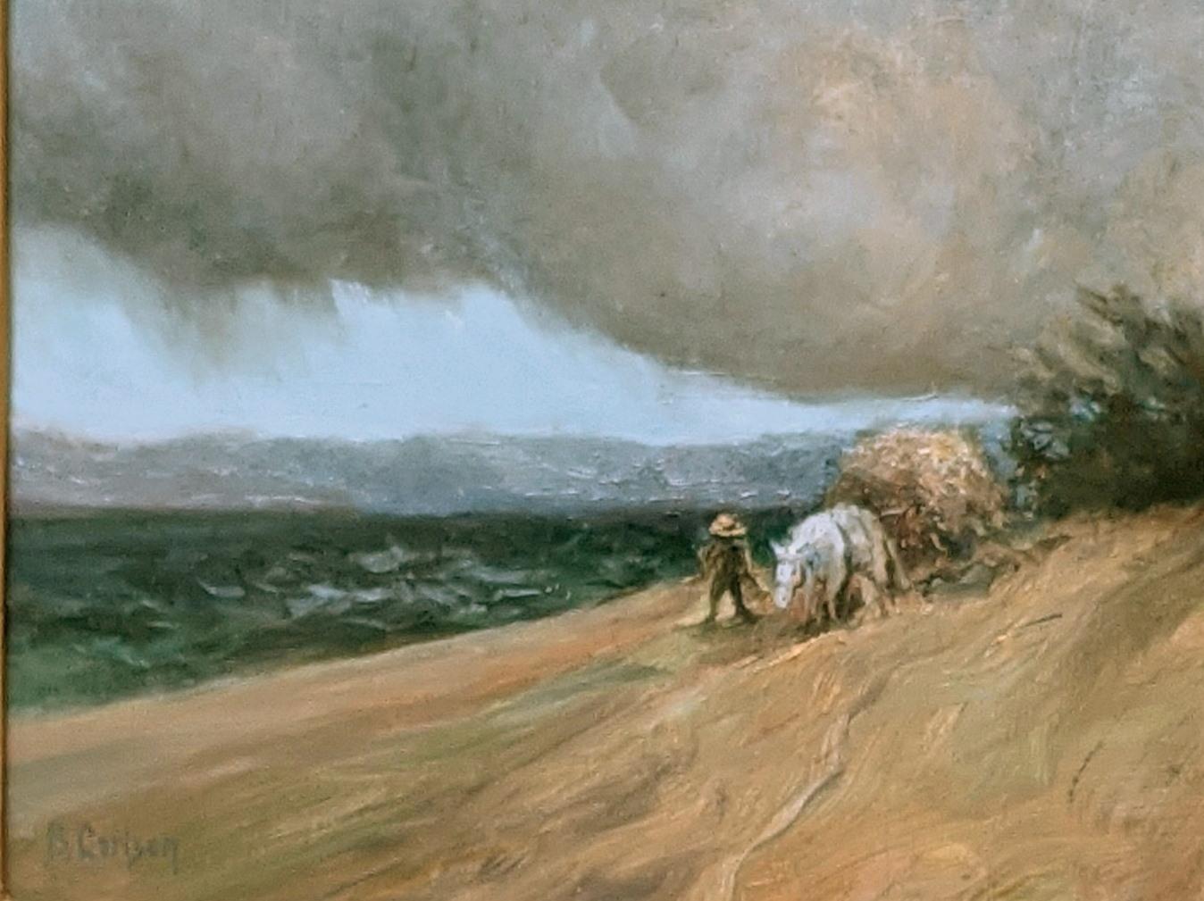  Dramatische Landschaft mit bedrohlichen Wolken bedroht einen müden Bauern aus dem 19. (Realismus), Painting, von Beth Carlson