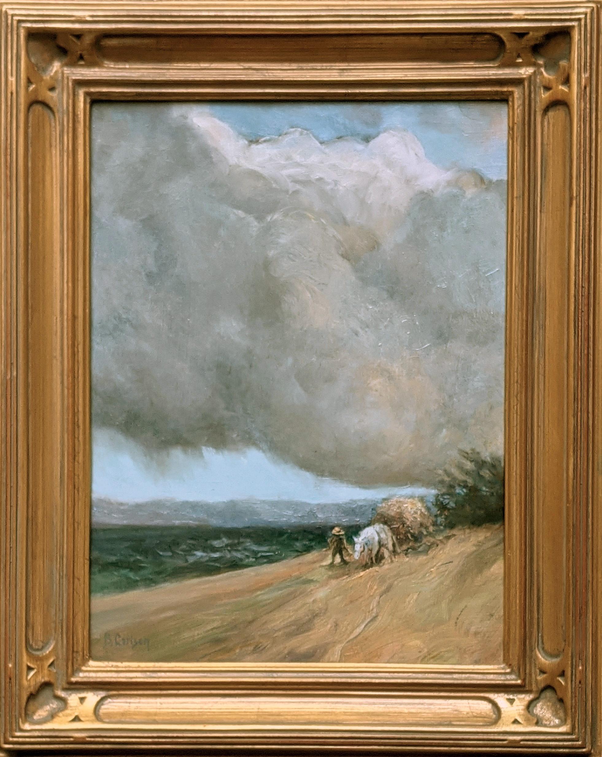  Dramatische Landschaft mit bedrohlichen Wolken bedroht einen müden Bauern aus dem 19. im Angebot 2