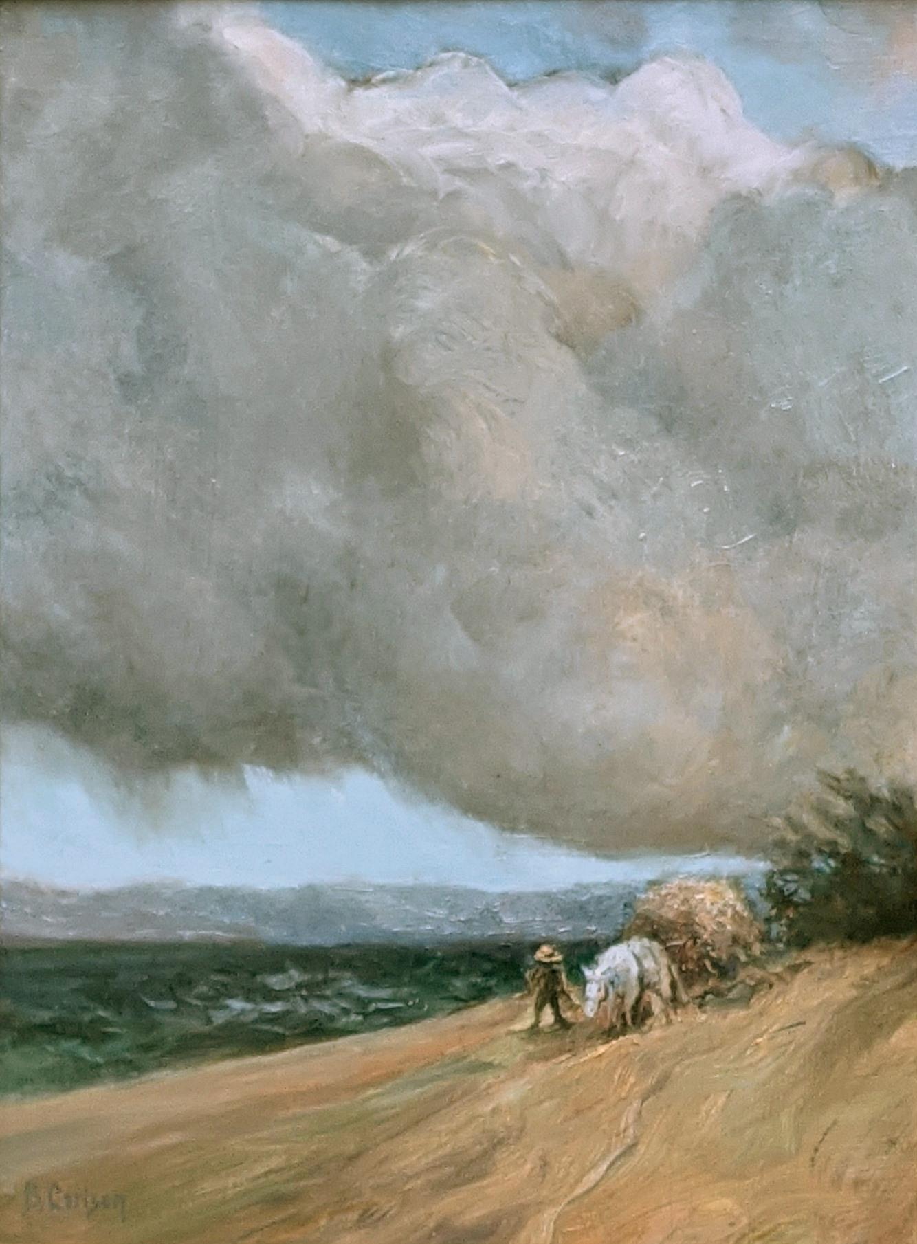 Beth Carlson Landscape Painting –  Dramatische Landschaft mit bedrohlichen Wolken bedroht einen müden Bauern aus dem 19.