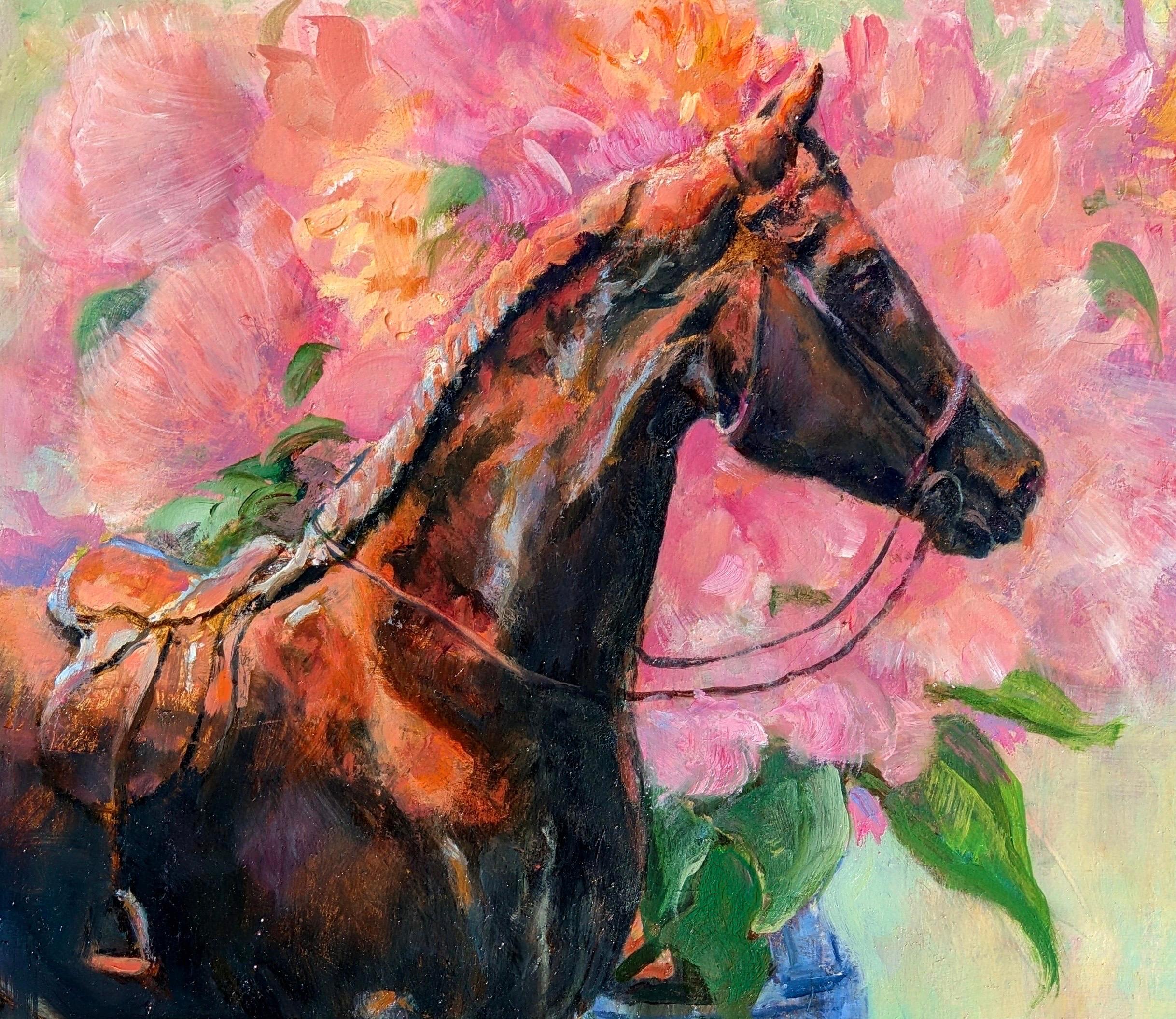 Pfingstrosen und Bronze – Painting von Beth Carlson