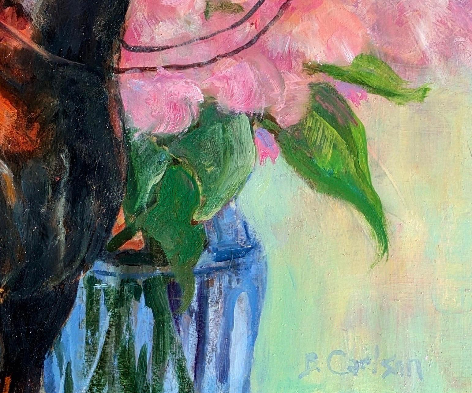 Pfingstrosen und Bronze (Braun), Portrait Painting, von Beth Carlson