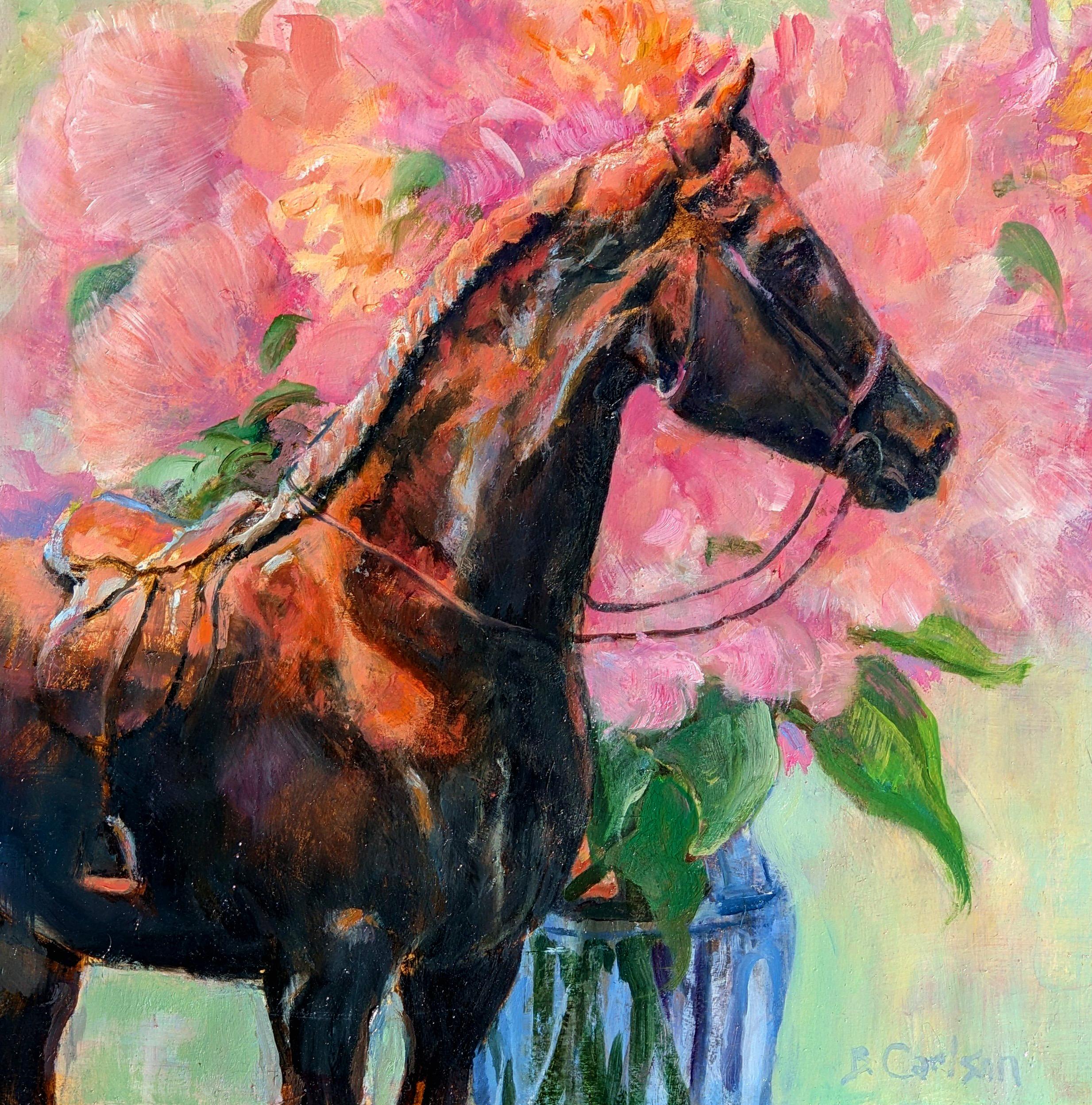 Beth Carlson Portrait Painting – Pfingstrosen und Bronze