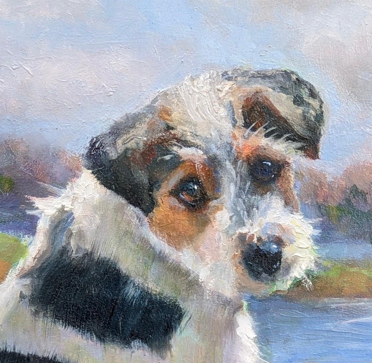 Verspielter Jack Russell Terrier bittet um Erlaubnis, die Ente ins Wasser zu werfen – Painting von Beth Carlson