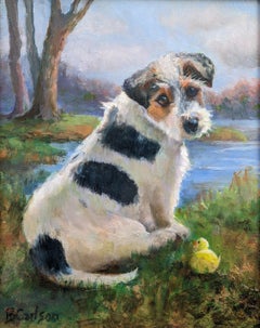 Jack Russell Terrier en quête d'un permis d'attraper le caniche dans l'eau