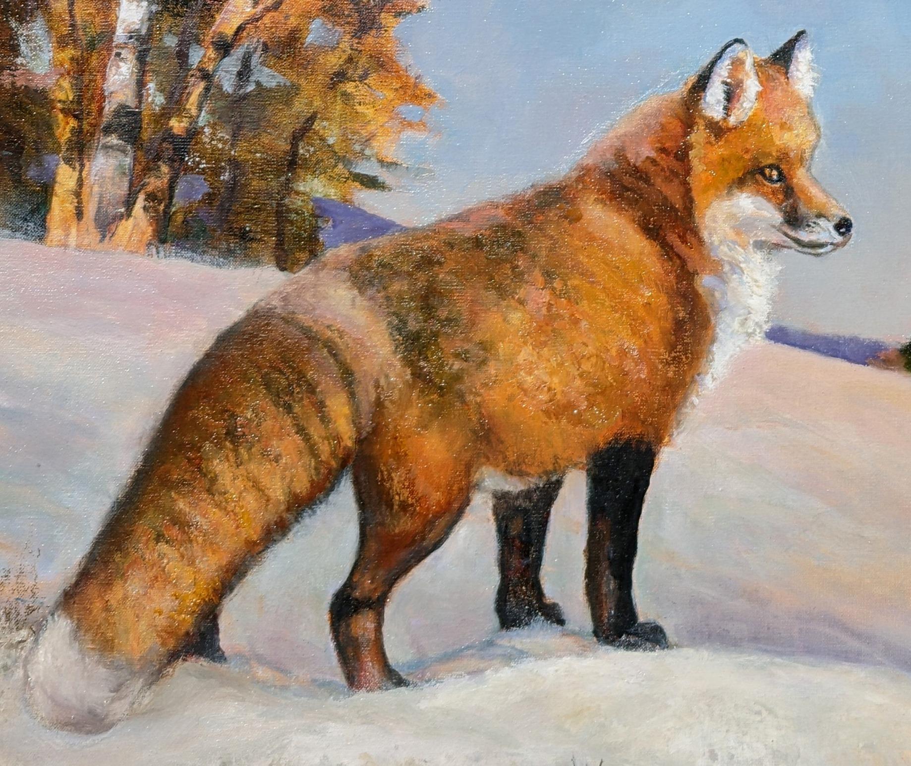 Reynard Fox Gemälde in Schneewittchen-Winterlandschaft, Gemälde, das die Schärpe des Fuchses feiert – Painting von Beth Carlson
