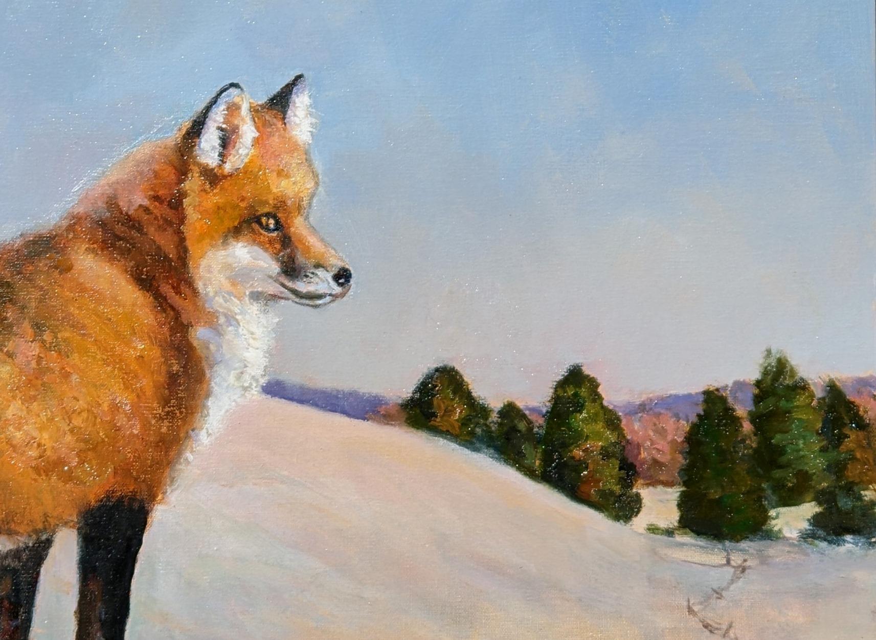 Reynard Fox Gemälde in Schneewittchen-Winterlandschaft, Gemälde, das die Schärpe des Fuchses feiert (Realismus), Painting, von Beth Carlson