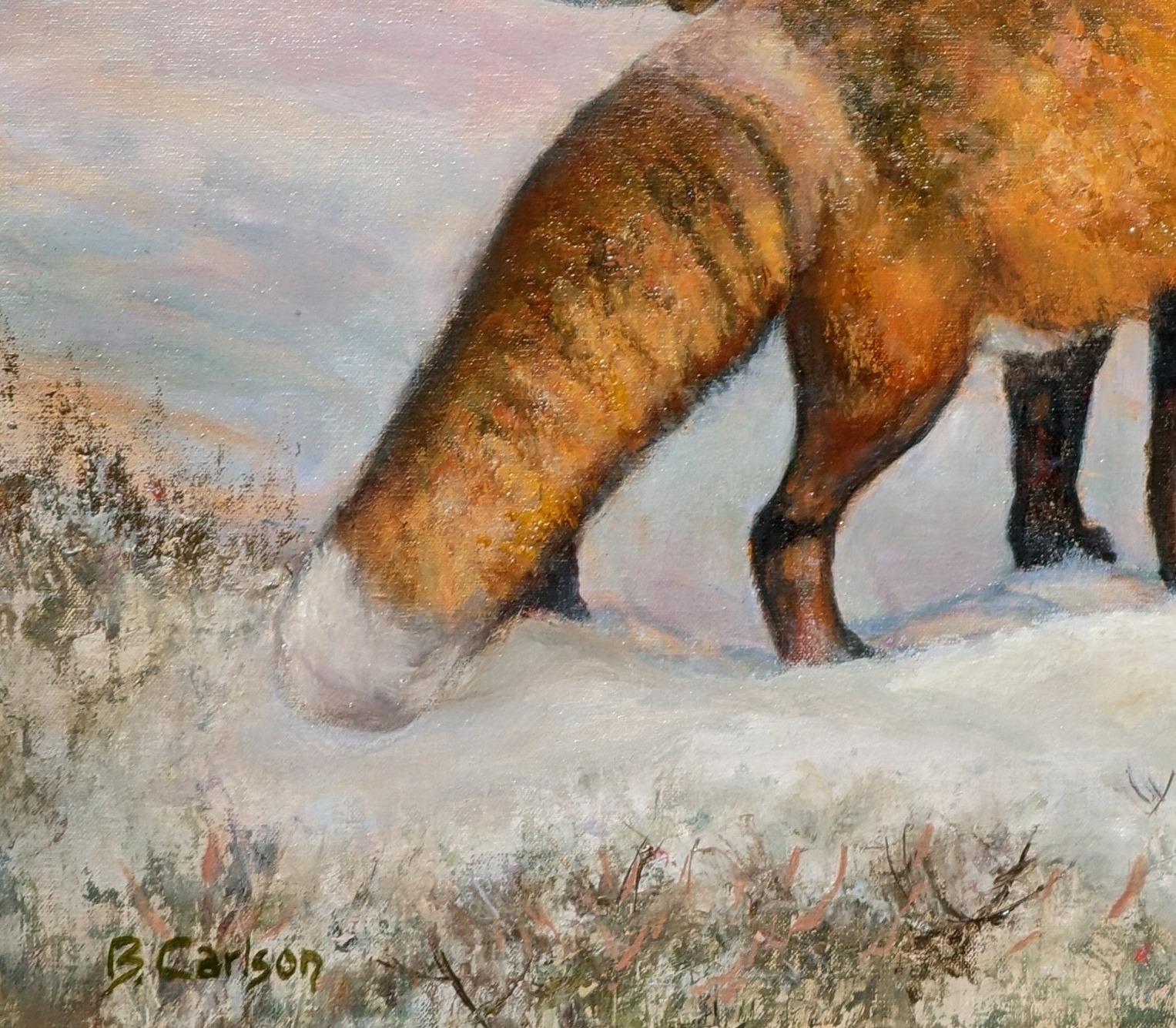 Reynard Fox Gemälde in Schneewittchen-Winterlandschaft, Gemälde, das die Schärpe des Fuchses feiert im Angebot 1