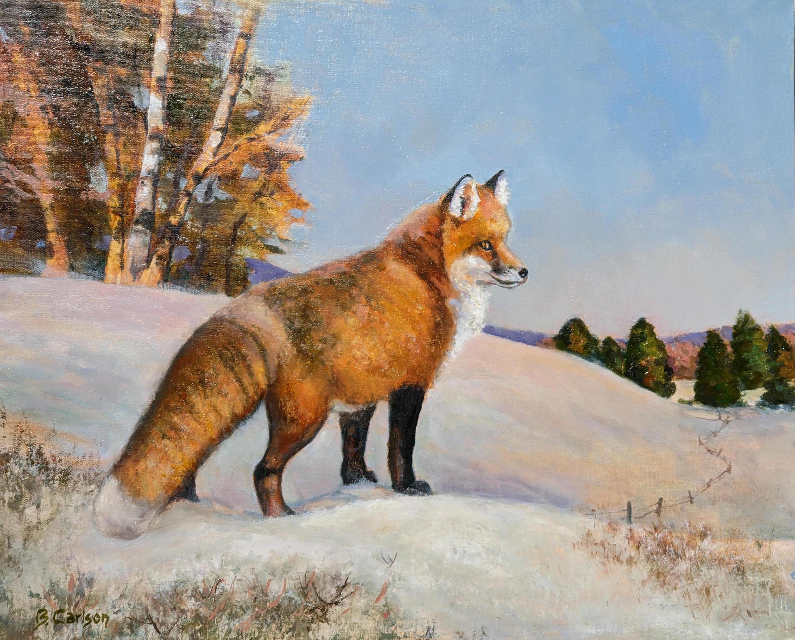 Beth Carlson Animal Painting – Reynard Fox Gemälde in Schneewittchen-Winterlandschaft, Gemälde, das die Schärpe des Fuchses feiert