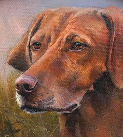 Petite et charmante huile ovale d'une belle Vizsla dans un cadre doré
