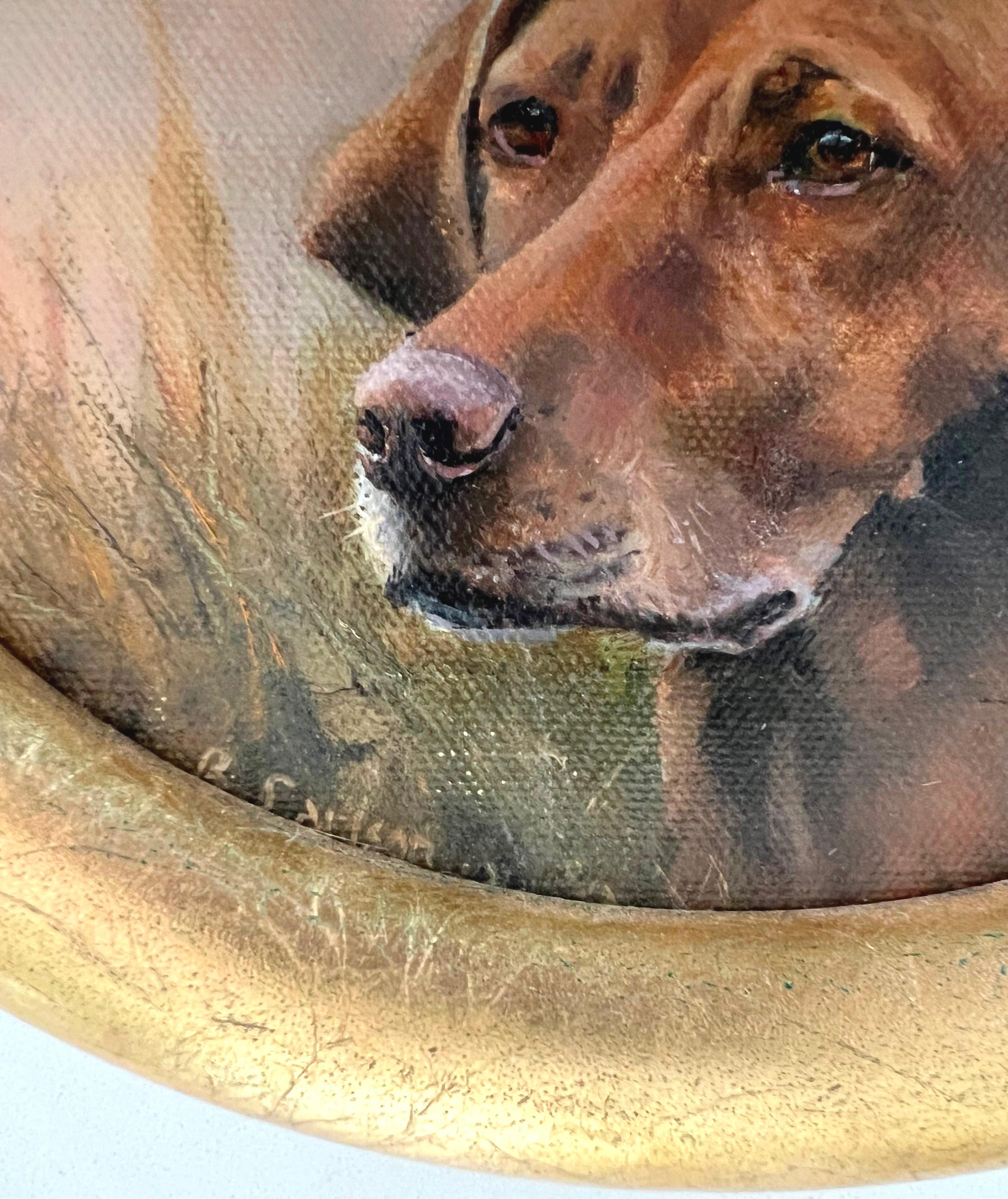 Small and Charming Oval Oil of a Handsome Vizsla in Gold Frame  - Realist Painting by Beth Carlson