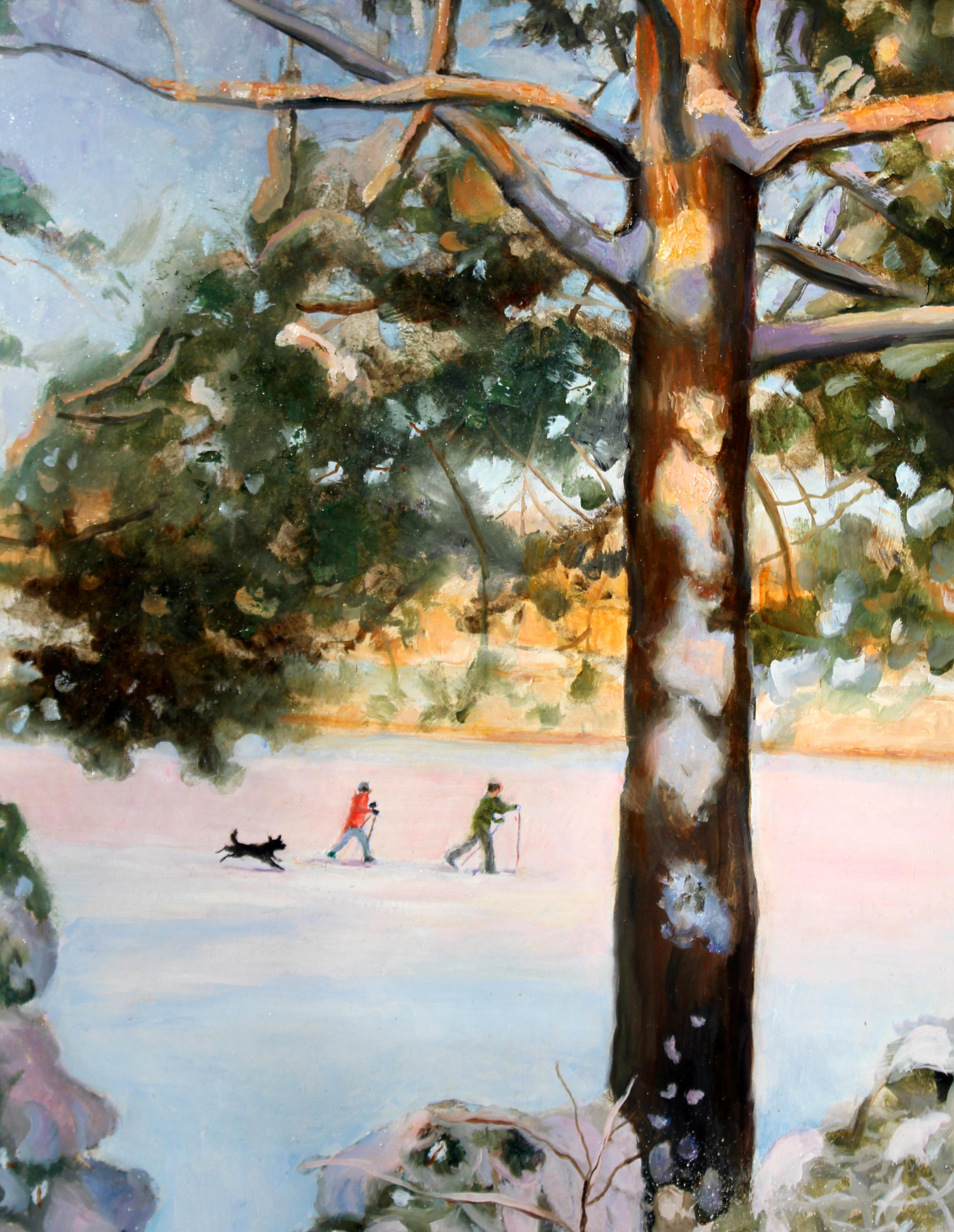 Beautiful Winter Landscape with Cross-Country Skiers and Dog Leaving Snow Tracks - Painting by Beth Carlson