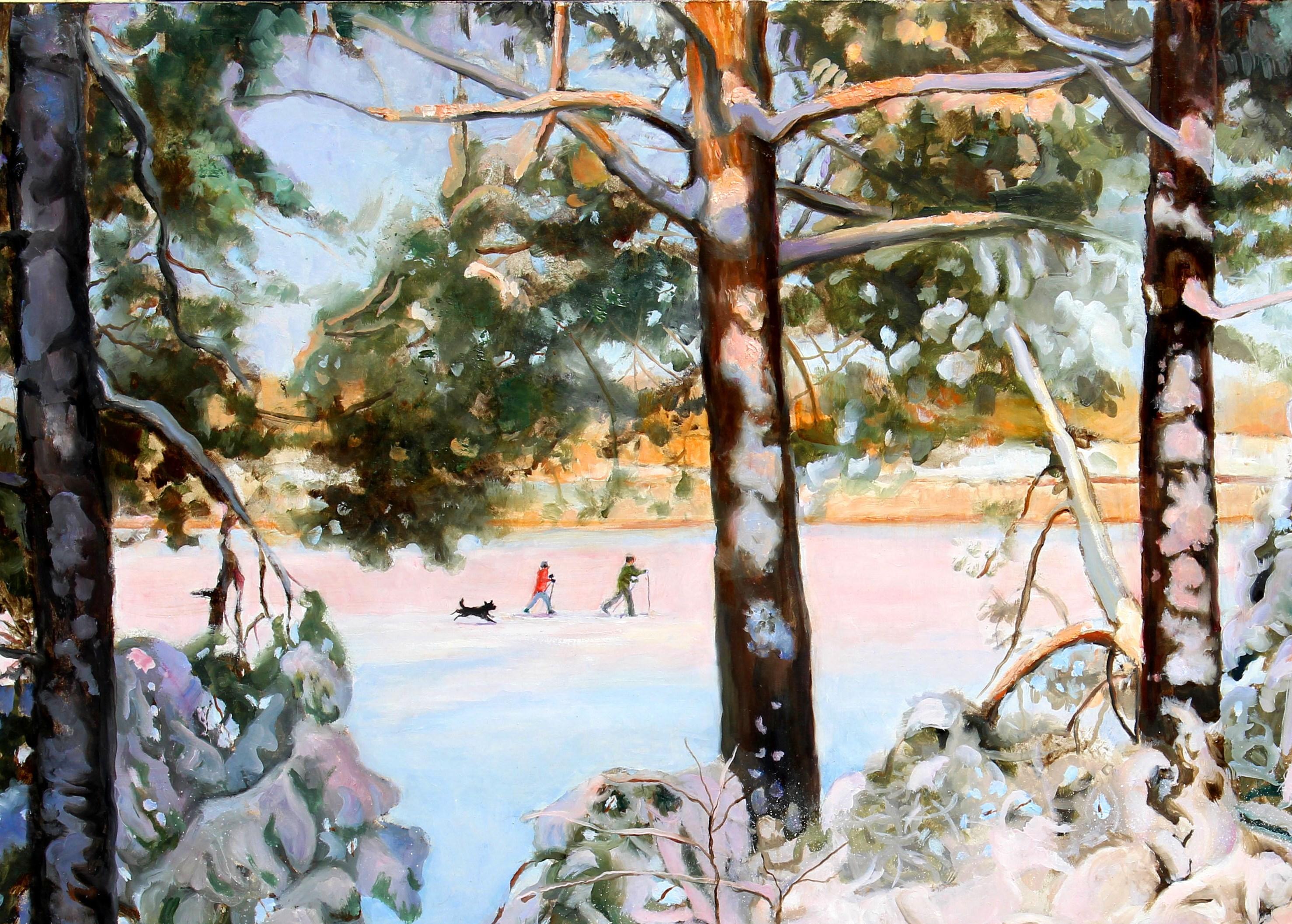 Beautiful Winter Landscape with Cross-Country Skiers and Dog Leaving Snow Tracks - Realist Painting by Beth Carlson