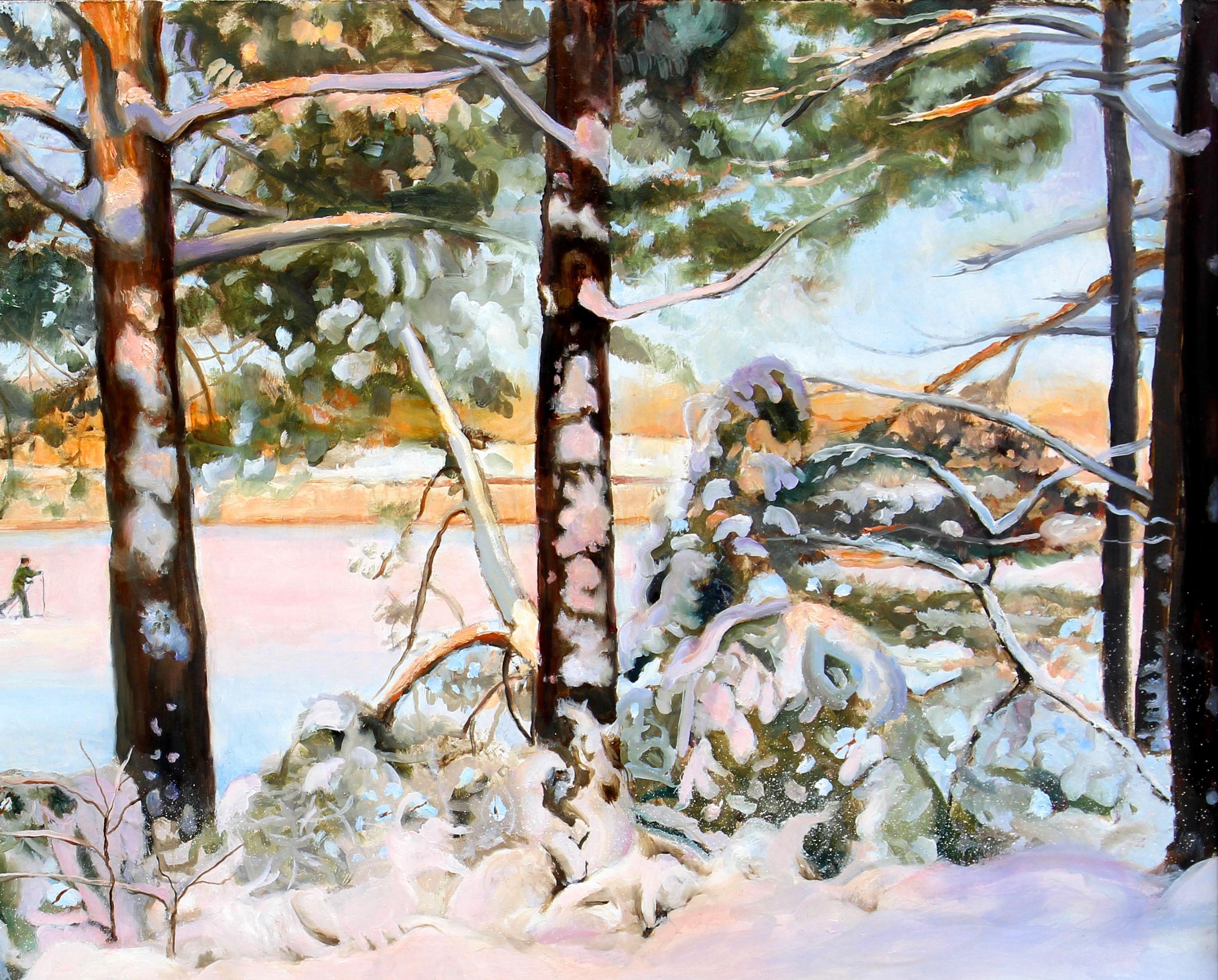 Beautiful Winter Landscape with Cross-Country Skiers and Dog Leaving Snow Tracks For Sale 2