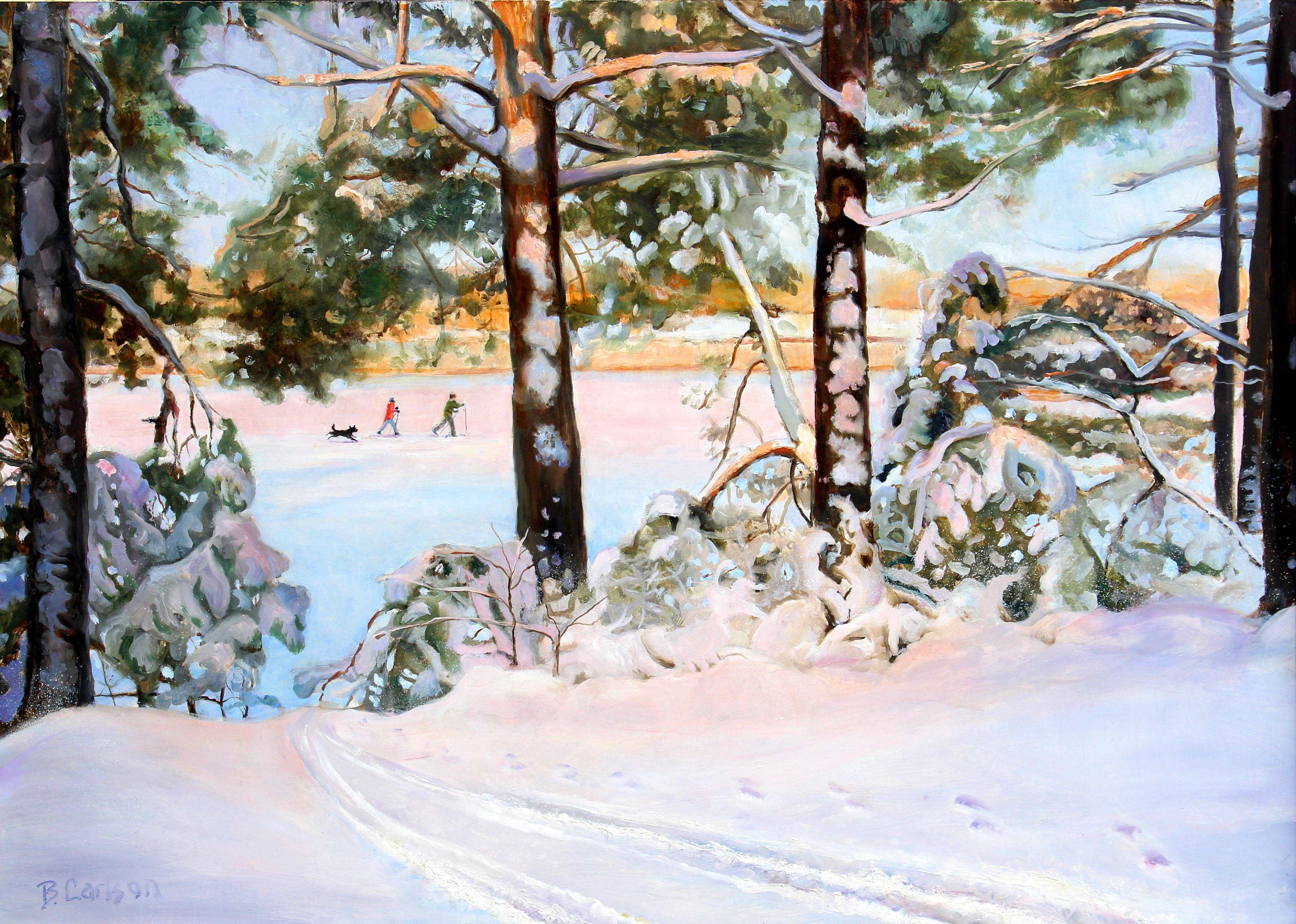 Beth Carlson Landscape Painting - Beautiful Winter Landscape with Cross-Country Skiers and Dog Leaving Snow Tracks