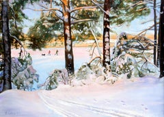 Beautiful Winter Landscape with Cross-Country Skiers and Dog Leaving Snow Tracks