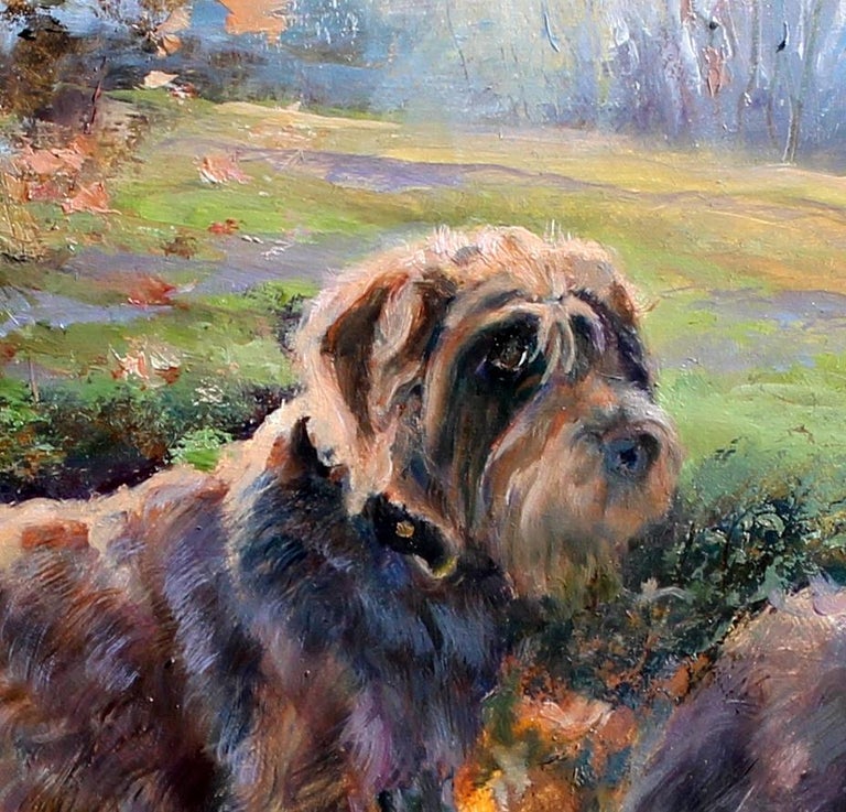  Beth Carlson oil sporting landscape of Wirehair Pointers ready to hunt,  framed For Sale 2