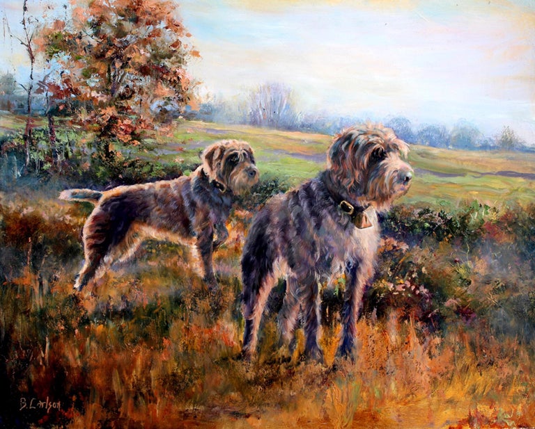 This  sporting landscape in earth tones with Wirehair Pointers (German Wirehair Pointers or Wirehair Pointing Griffons) waiting for the hunt,  "Puckerbrush Point", by Beth Carlson is an example of her ability to portray tension with sporting