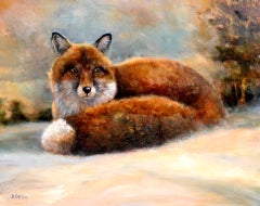 Peinture animalière de renard dans la neige qui est bien enfermé avec un manteau en fourrure d'hiver
