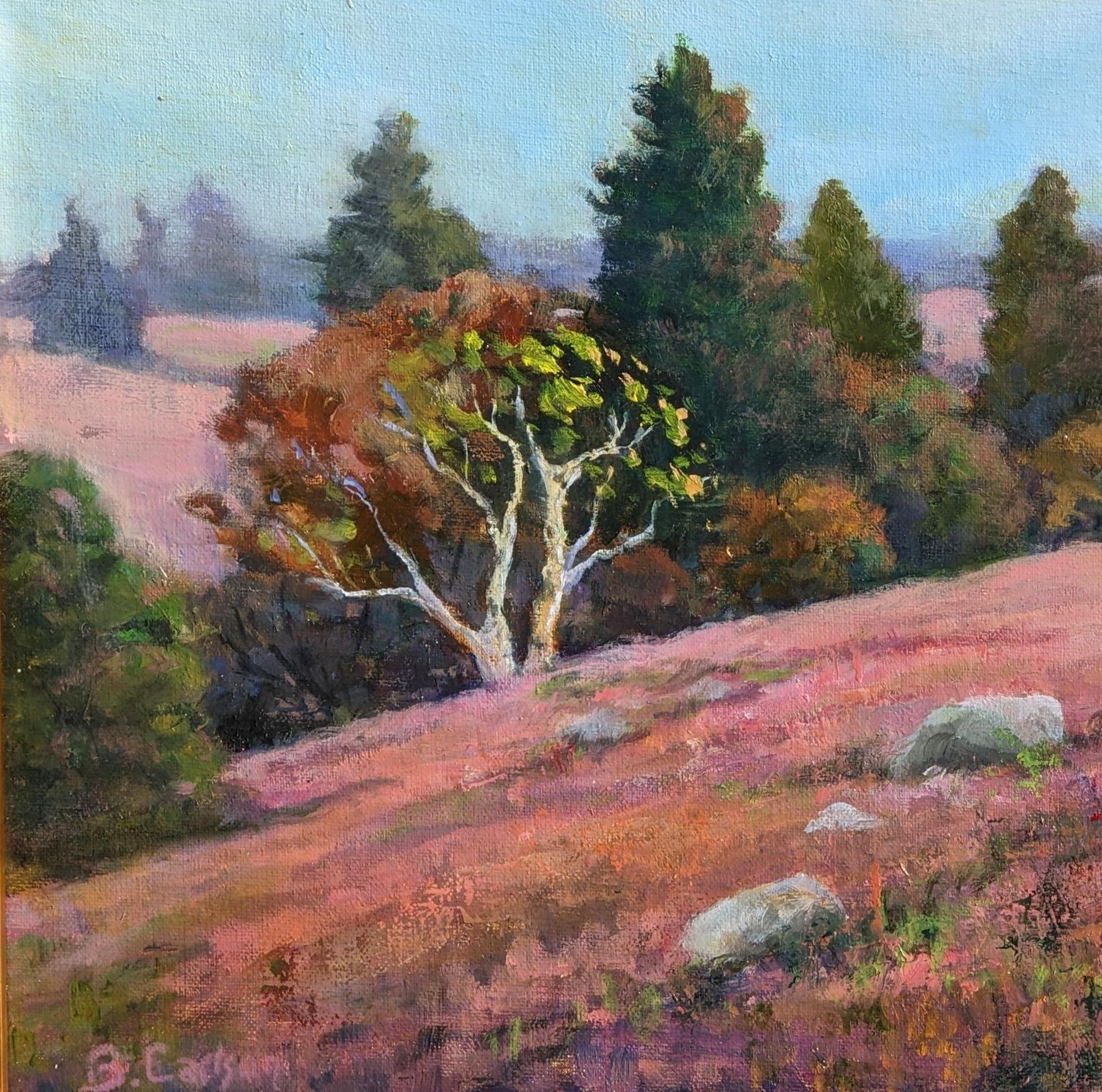 Stunning Red Blueberry Barrens in Fall Create An Otherworldly Effect in Maine - American Impressionist Painting by Beth Carlson