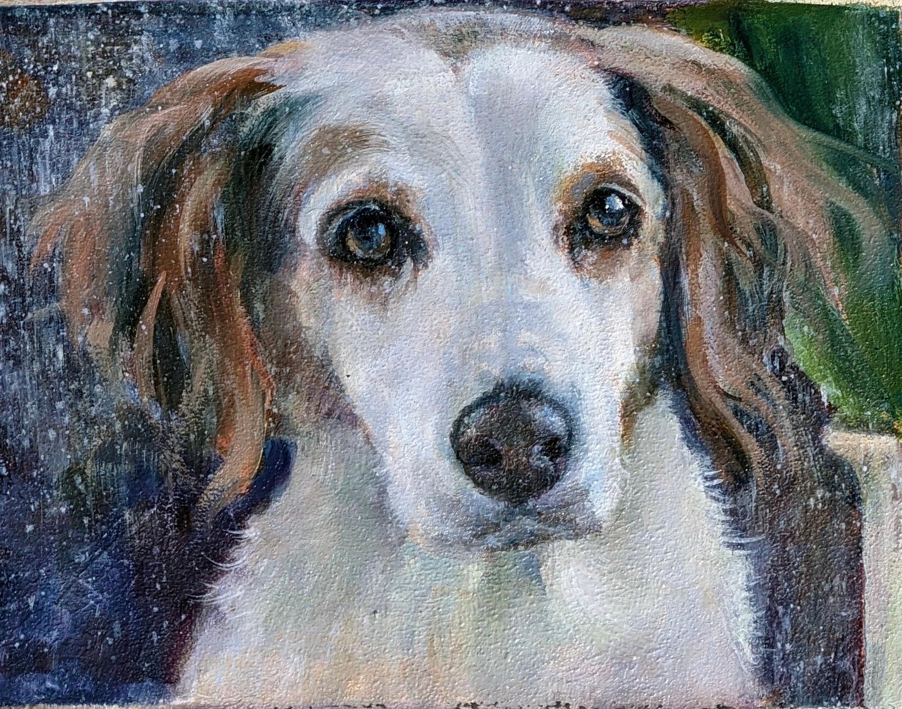Toccante dipinto a olio di uno Spaniel che guarda con desiderio attraverso una finestra inzuppata di pioggia - Painting di Beth Carlson