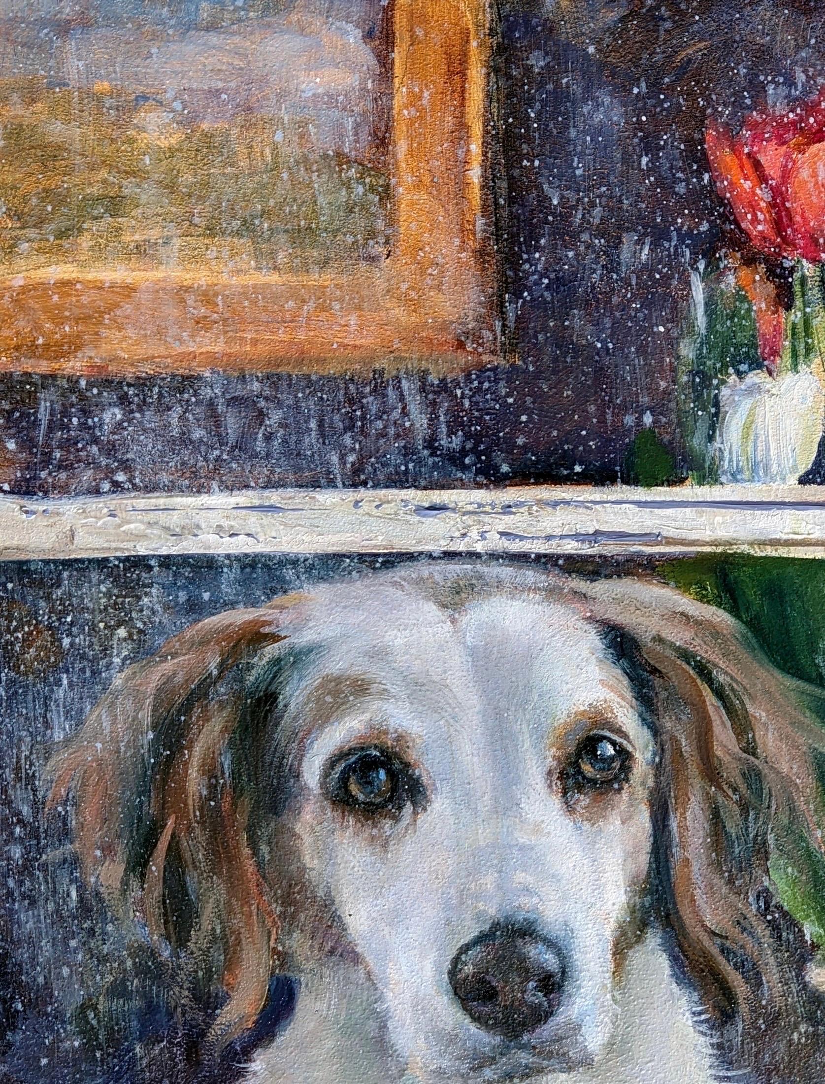 Toccante dipinto a olio di uno Spaniel che guarda con desiderio attraverso una finestra inzuppata di pioggia - Painting Realismo di Beth Carlson