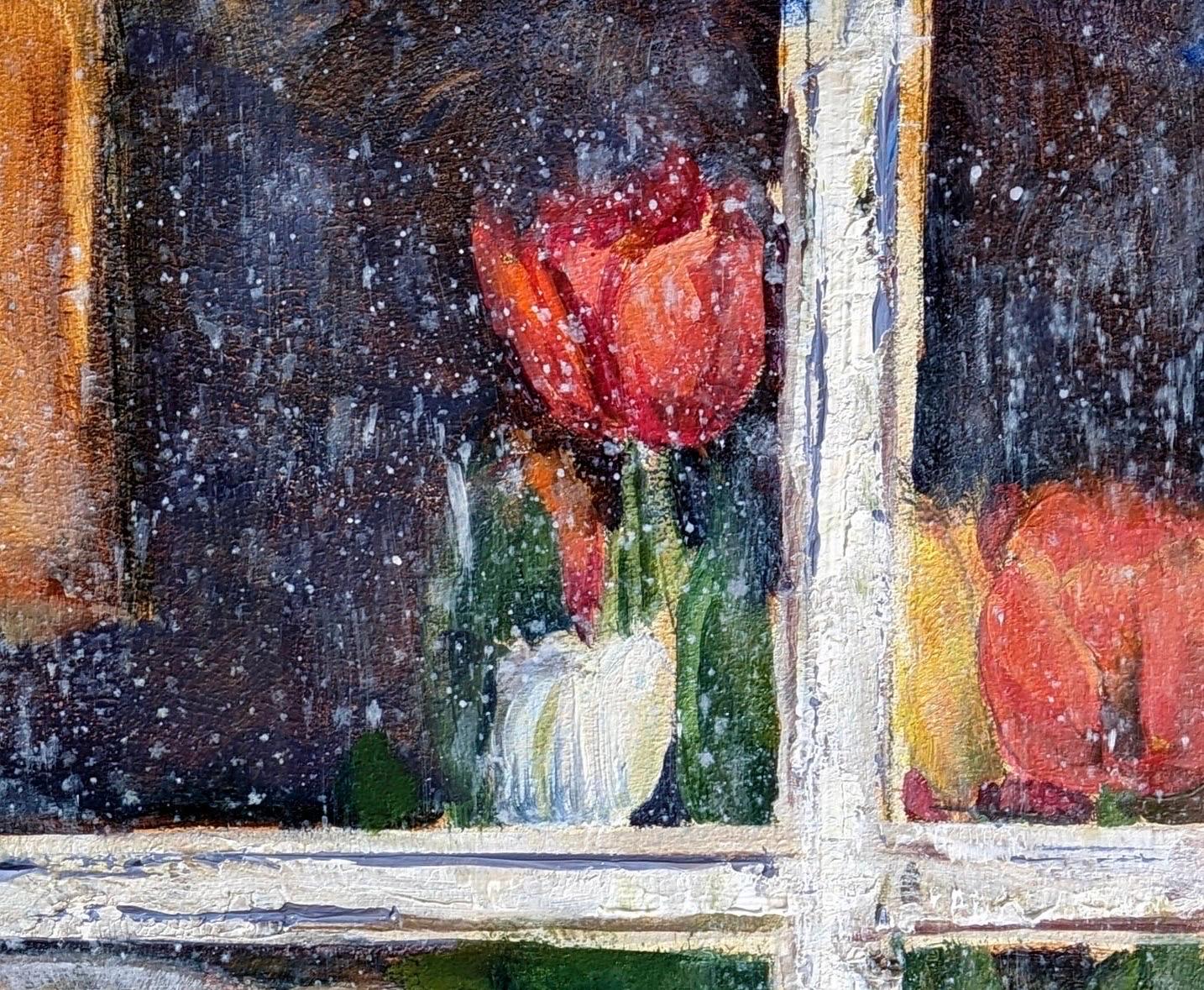 Toccante dipinto a olio di uno Spaniel che guarda con desiderio attraverso una finestra inzuppata di pioggia - Portrait Painting Grigio di Beth Carlson